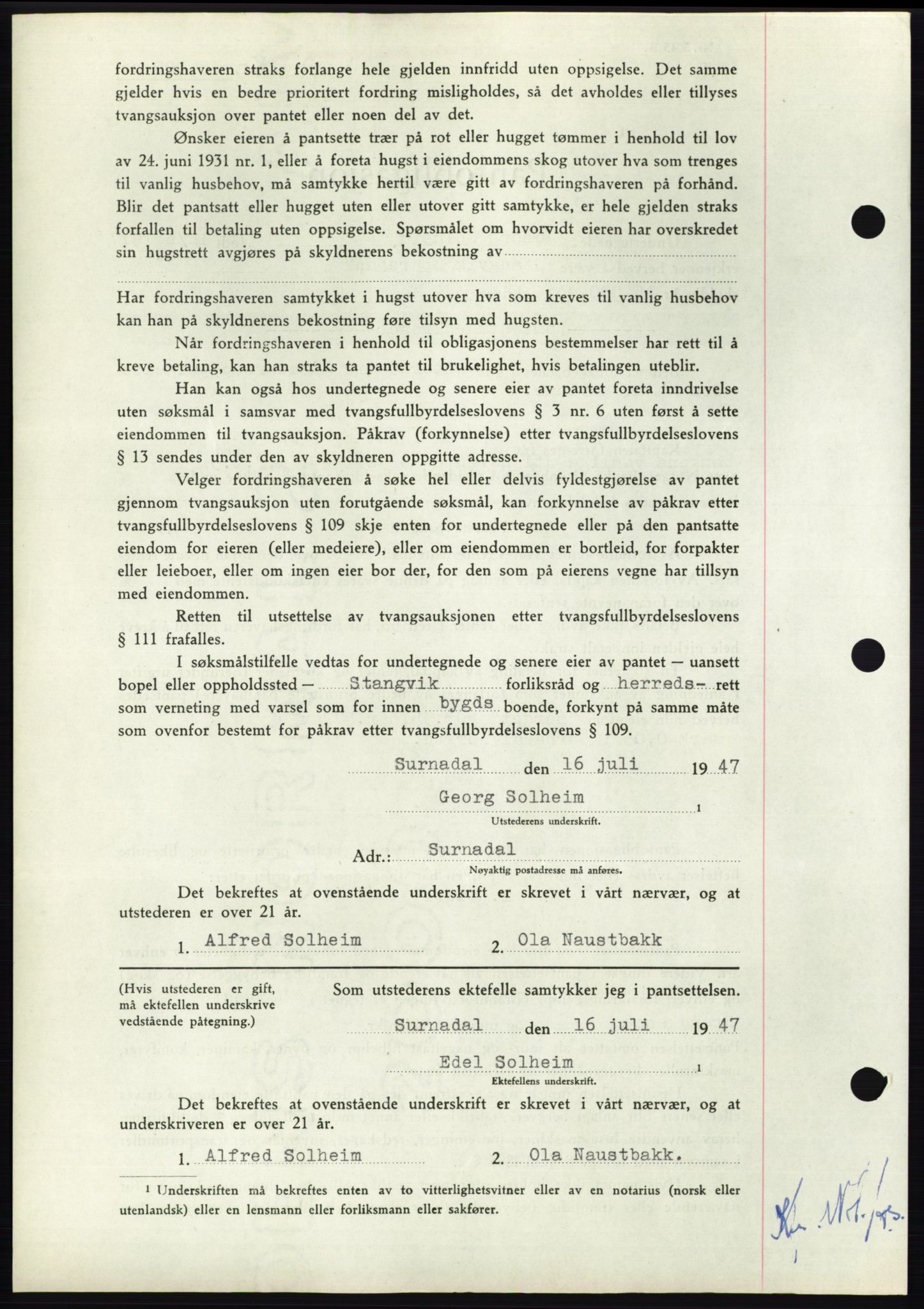 Nordmøre sorenskriveri, AV/SAT-A-4132/1/2/2Ca: Mortgage book no. B96, 1947-1947, Diary no: : 1651/1947