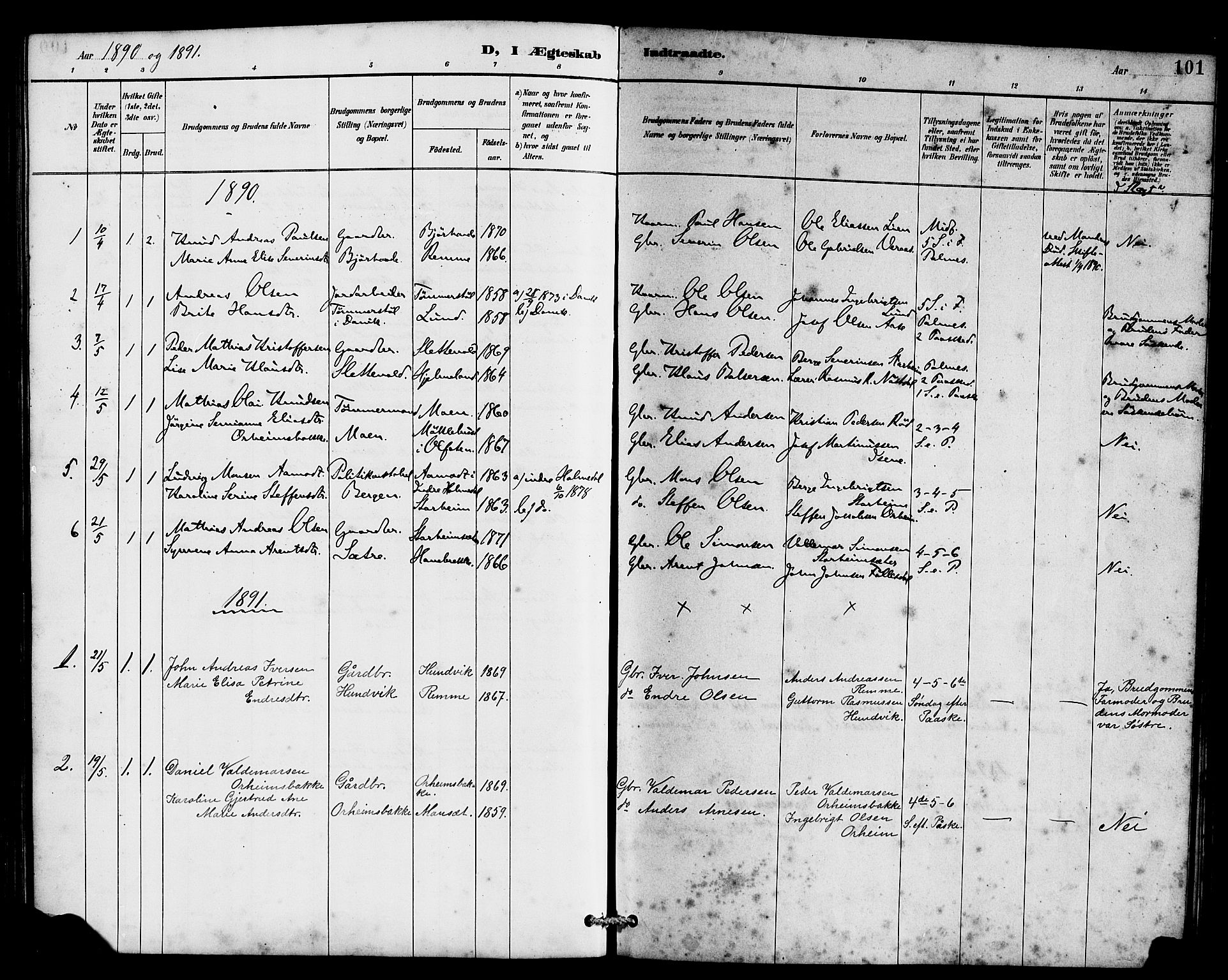 Eid sokneprestembete, SAB/A-82301/H/Hab/Habc/L0002: Parish register (copy) no. C 2, 1887-1906, p. 101