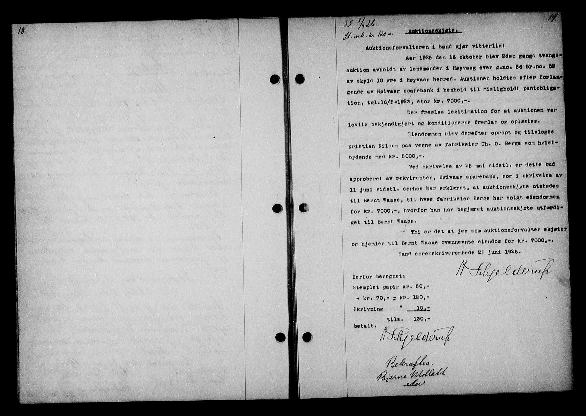 Vestre Nedenes/Sand sorenskriveri, AV/SAK-1221-0010/G/Gb/Gba/L0036: Mortgage book no. 62, 1926-1928, p. 18-19