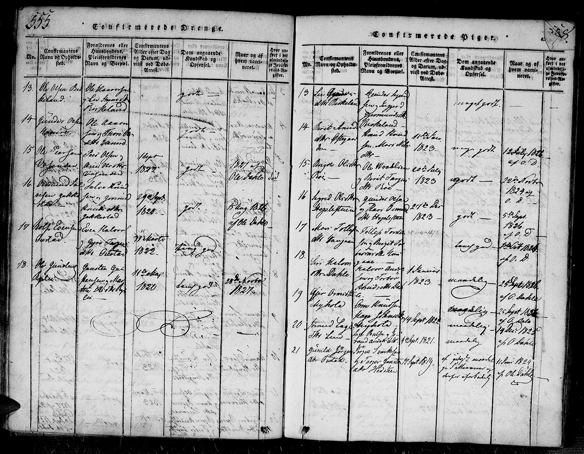 Bygland sokneprestkontor, SAK/1111-0006/F/Fa/Fab/L0003: Parish register (official) no. A 3, 1816-1841, p. 555-556