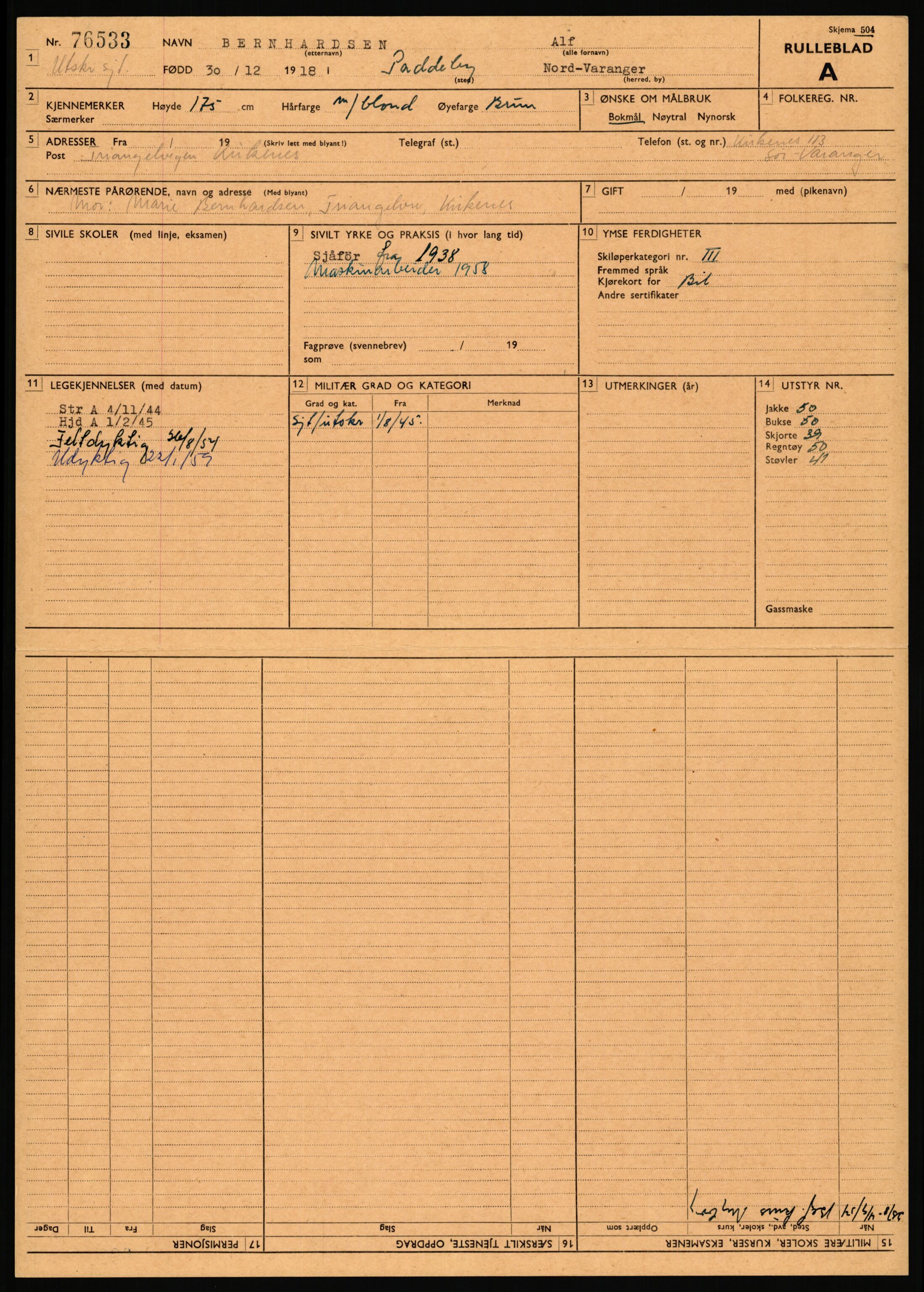 Forsvaret, Varanger bataljon, AV/RA-RAFA-2258/1/D/L0456: Rulleblad og tjenesteuttalelser for befal født 1916-1919 og 1921-1923, 1916-1923, p. 201