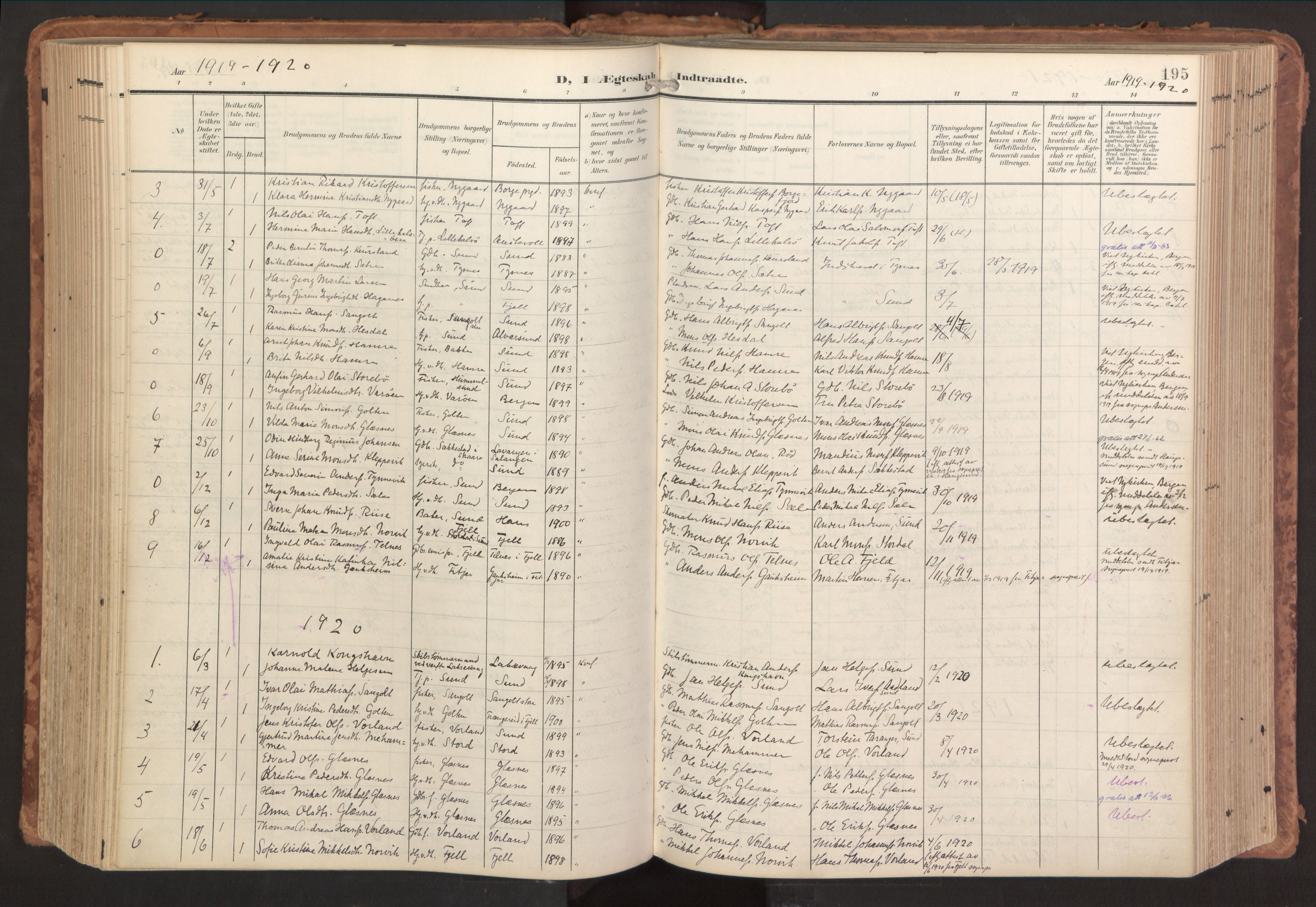 Sund sokneprestembete, SAB/A-99930: Parish register (official) no. B 2, 1907-1926, p. 195