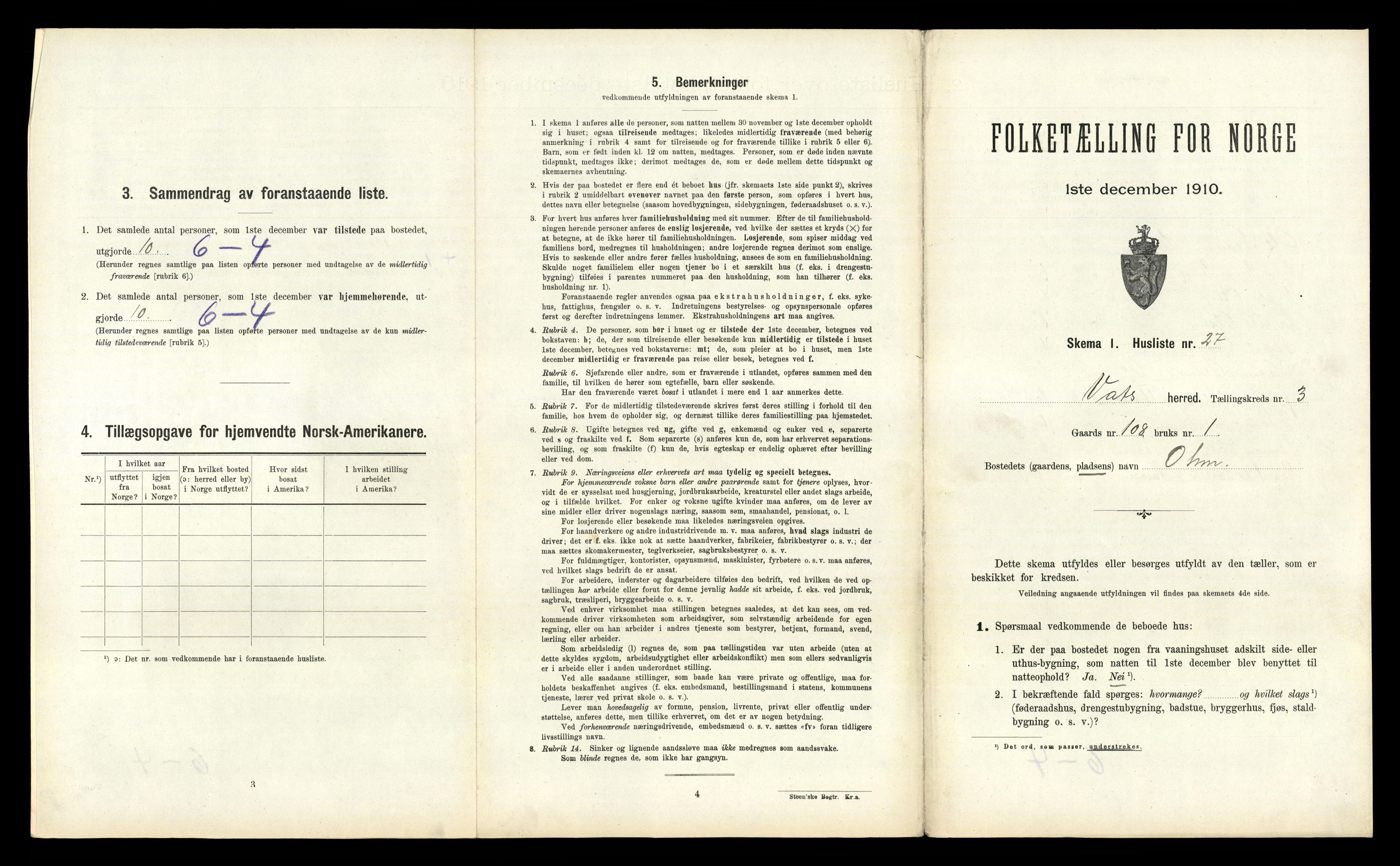 RA, 1910 census for Vats, 1910, p. 206