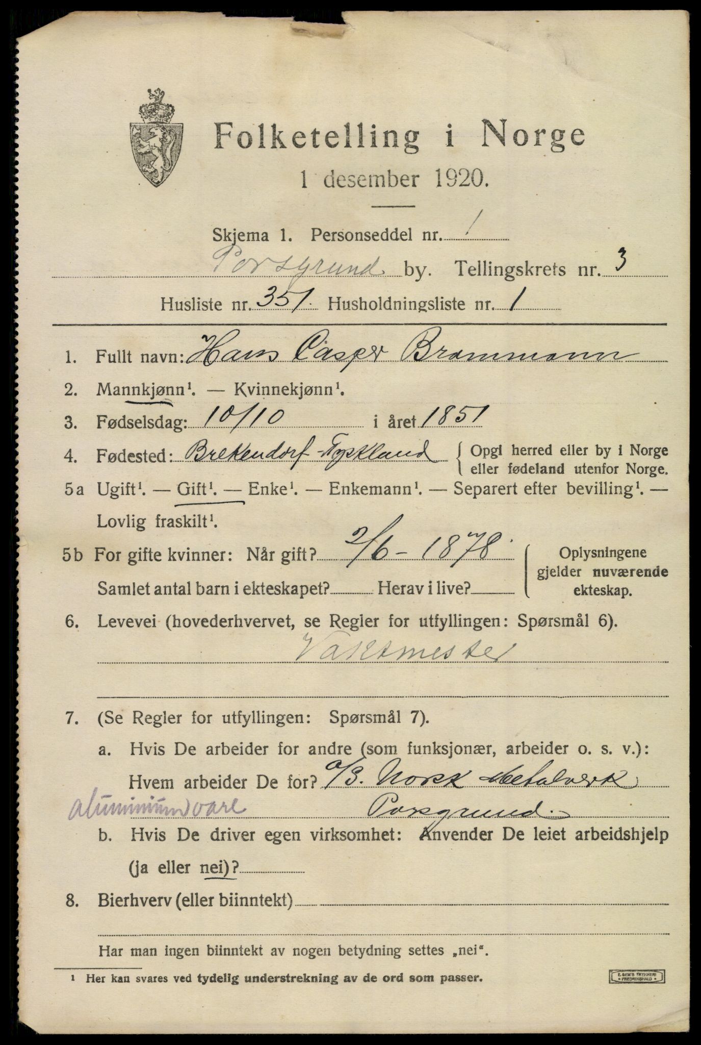 SAKO, 1920 census for Porsgrunn, 1920, p. 18889