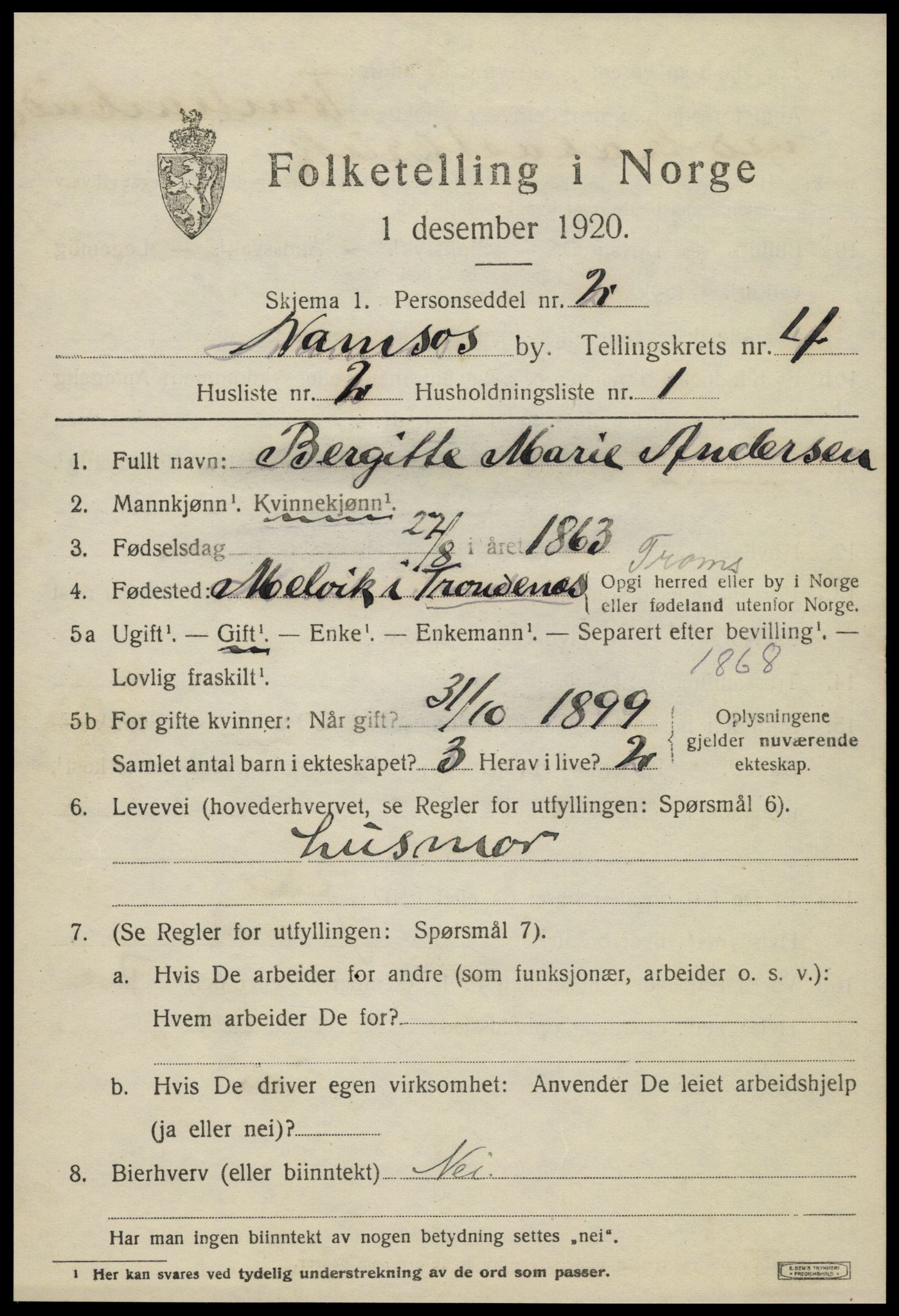 SAT, 1920 census for Namsos, 1920, p. 4847