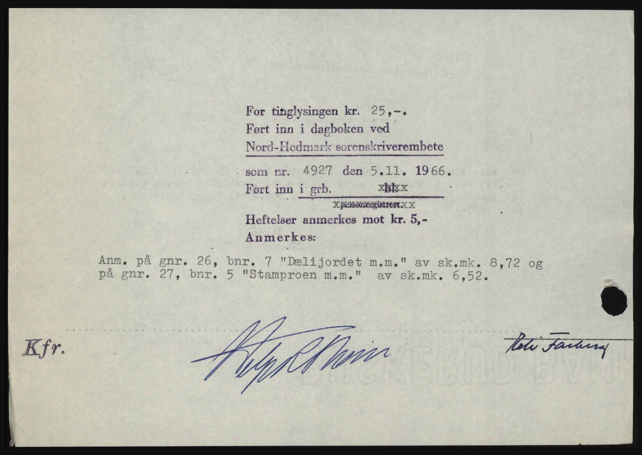 Nord-Hedmark sorenskriveri, AV/SAH-TING-012/H/Hc/L0024: Mortgage book no. 24, 1966-1966, Diary no: : 4927/1966