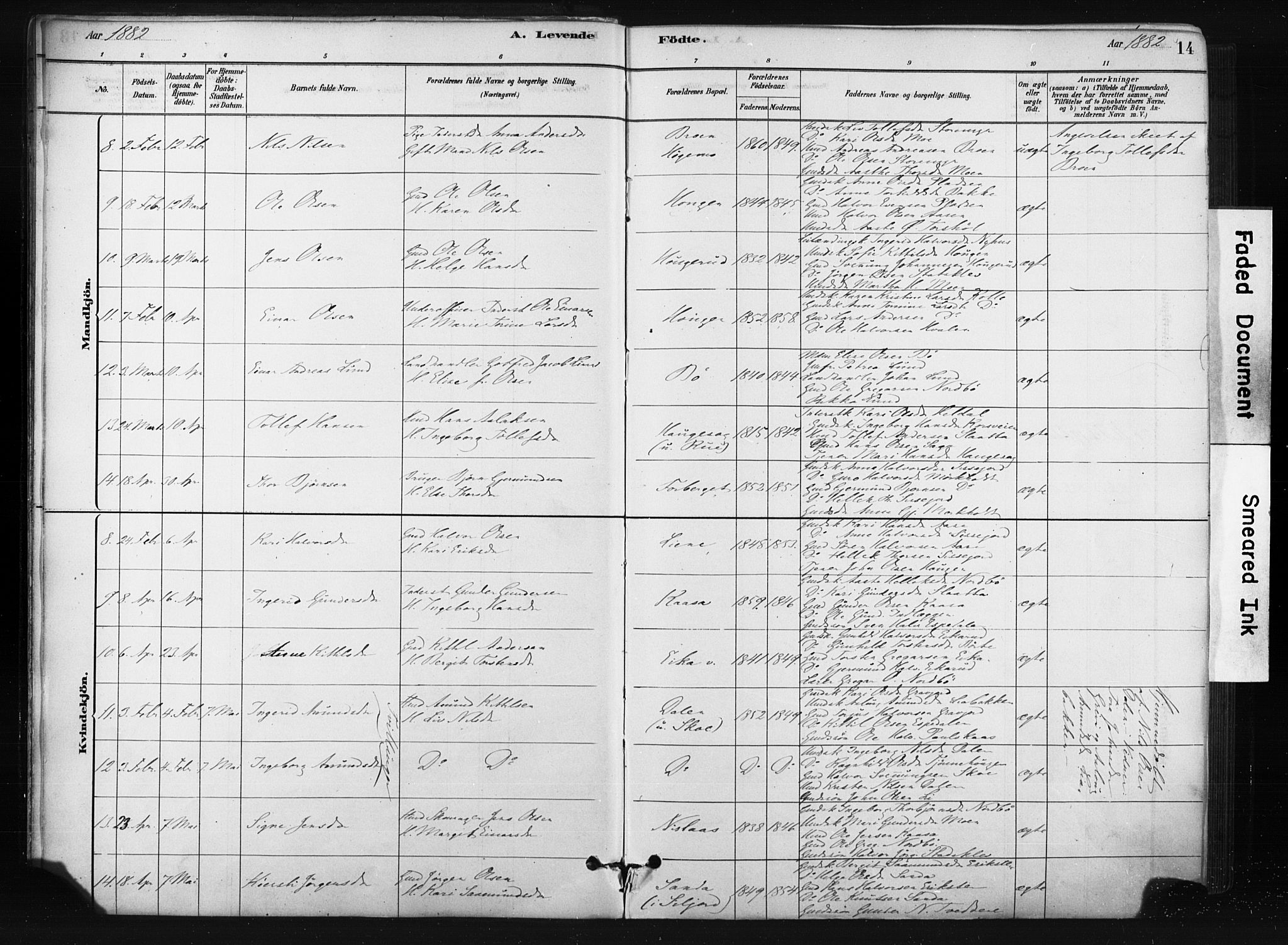 Bø kirkebøker, AV/SAKO-A-257/F/Fa/L0010: Parish register (official) no. 10, 1880-1892, p. 14