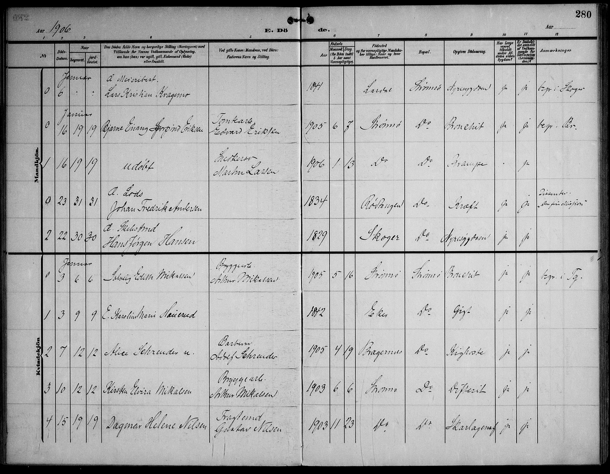 Strømsø kirkebøker, AV/SAKO-A-246/F/Fa/L0026: Parish register (official) no. I 26, 1905-1914, p. 280