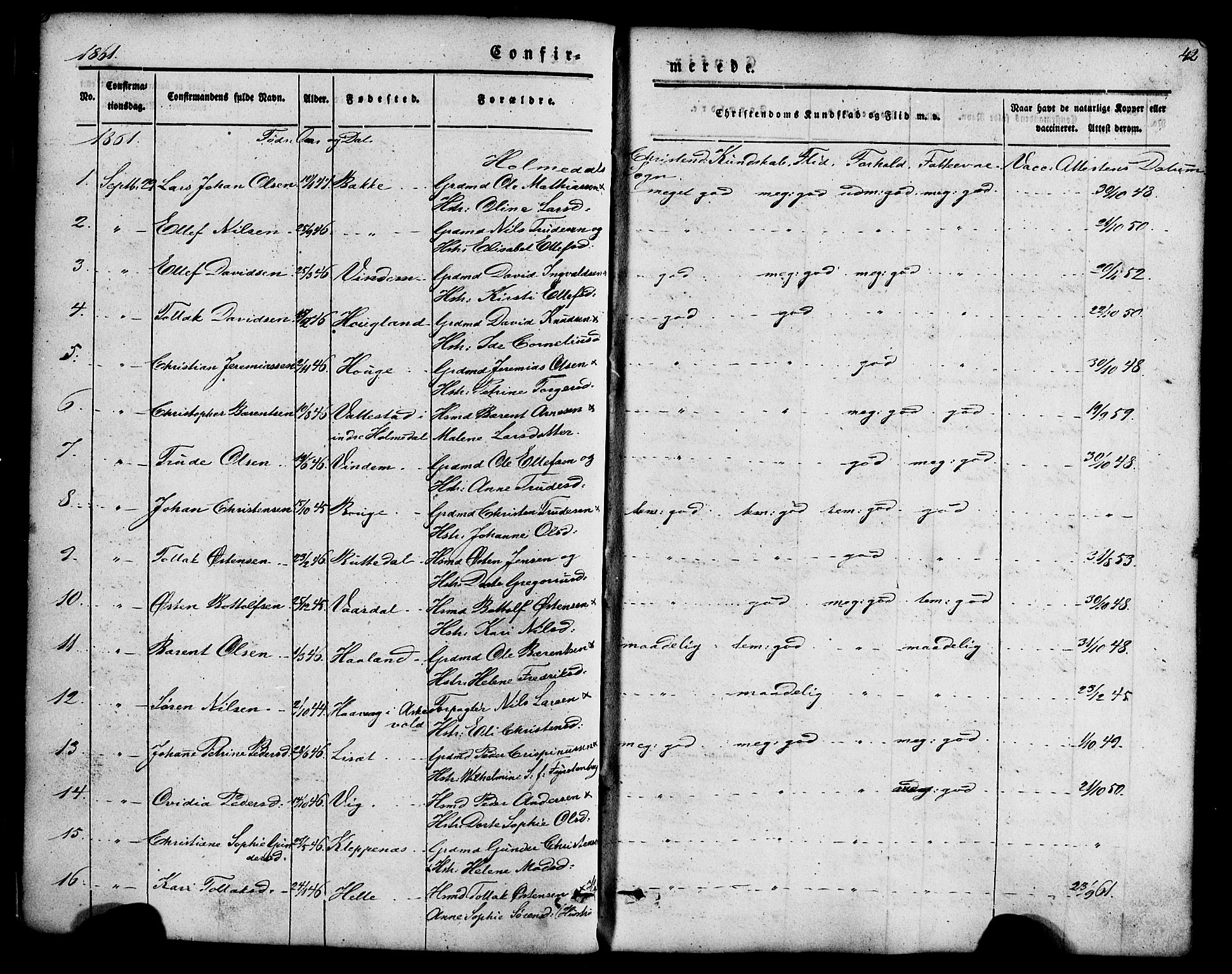 Fjaler sokneprestembete, SAB/A-79801/H/Haa/Haaa/L0008: Parish register (official) no. A 8, 1850-1886, p. 42