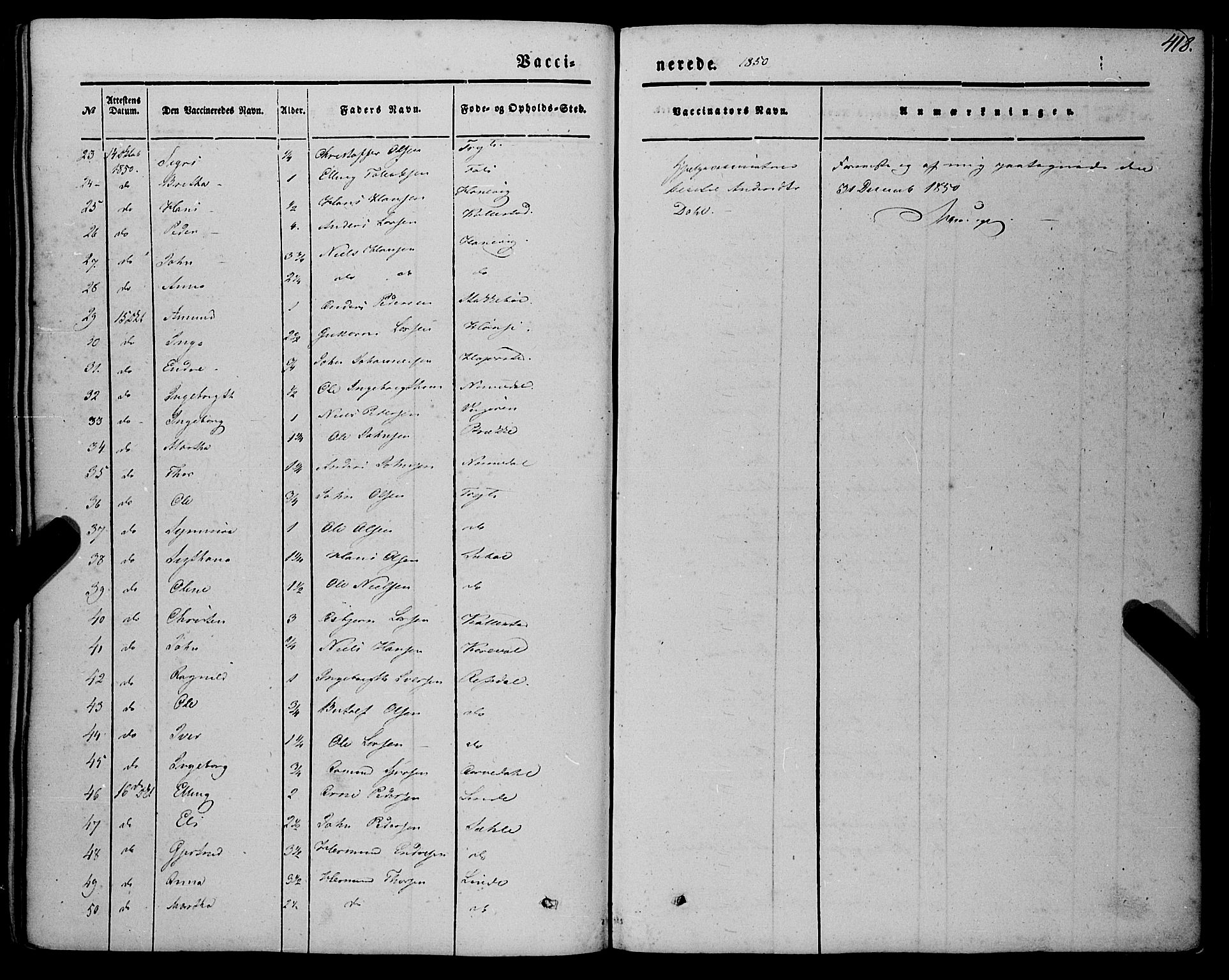 Vik sokneprestembete, SAB/A-81501: Parish register (official) no. A 8, 1846-1865, p. 418