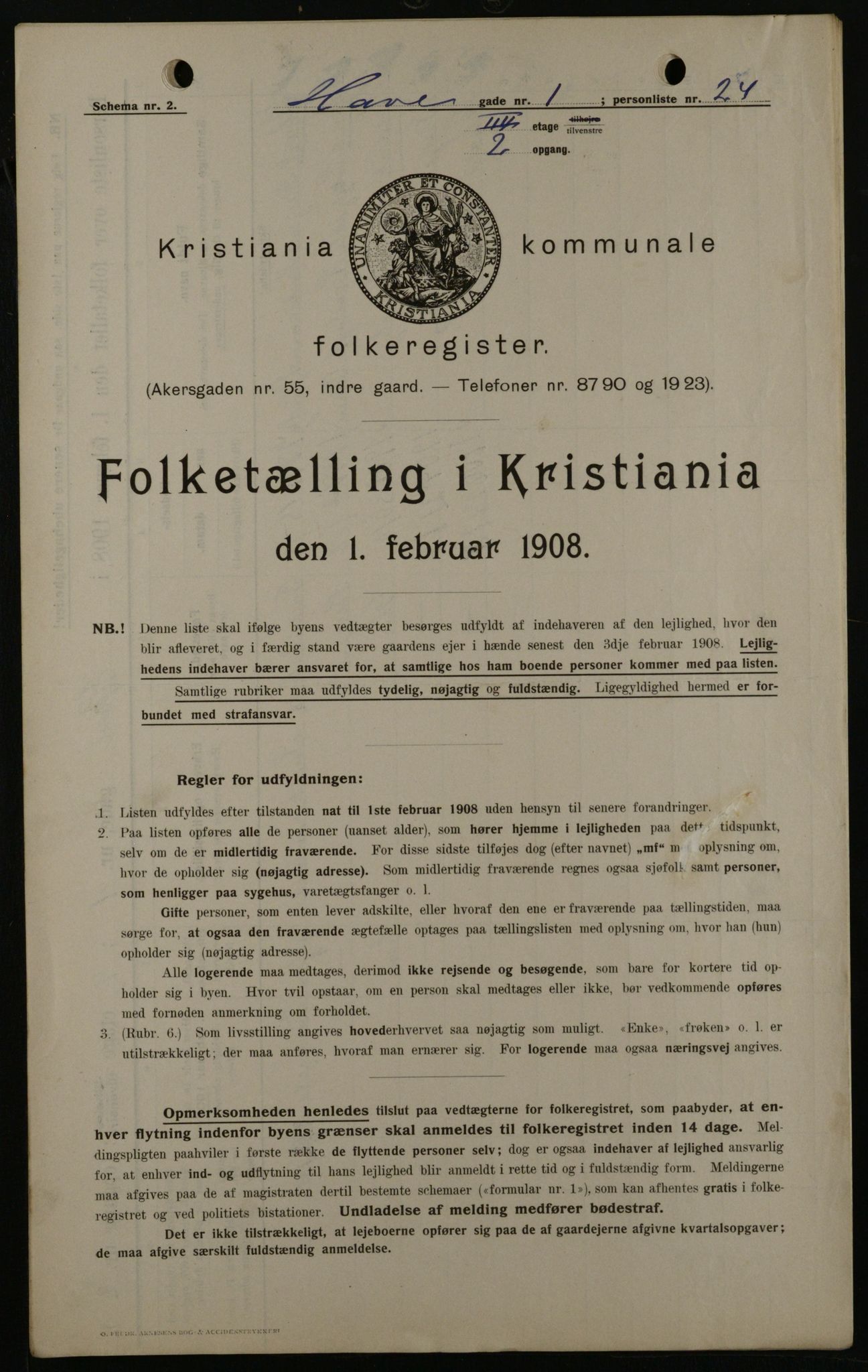 OBA, Municipal Census 1908 for Kristiania, 1908, p. 30116