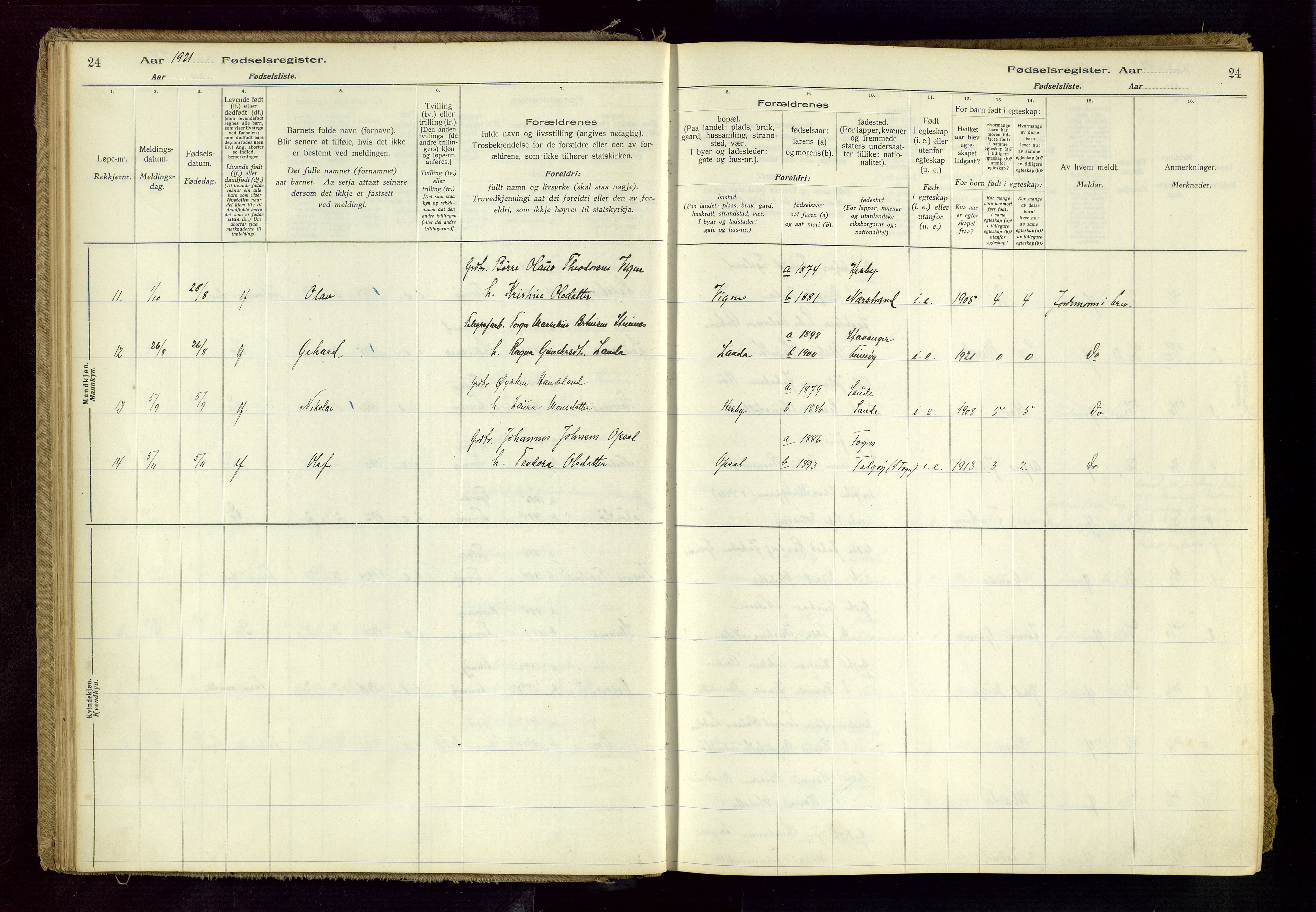 Finnøy sokneprestkontor, AV/SAST-A-101825/I/Id/L0001: Birth register no. 1, 1916-1977, p. 24