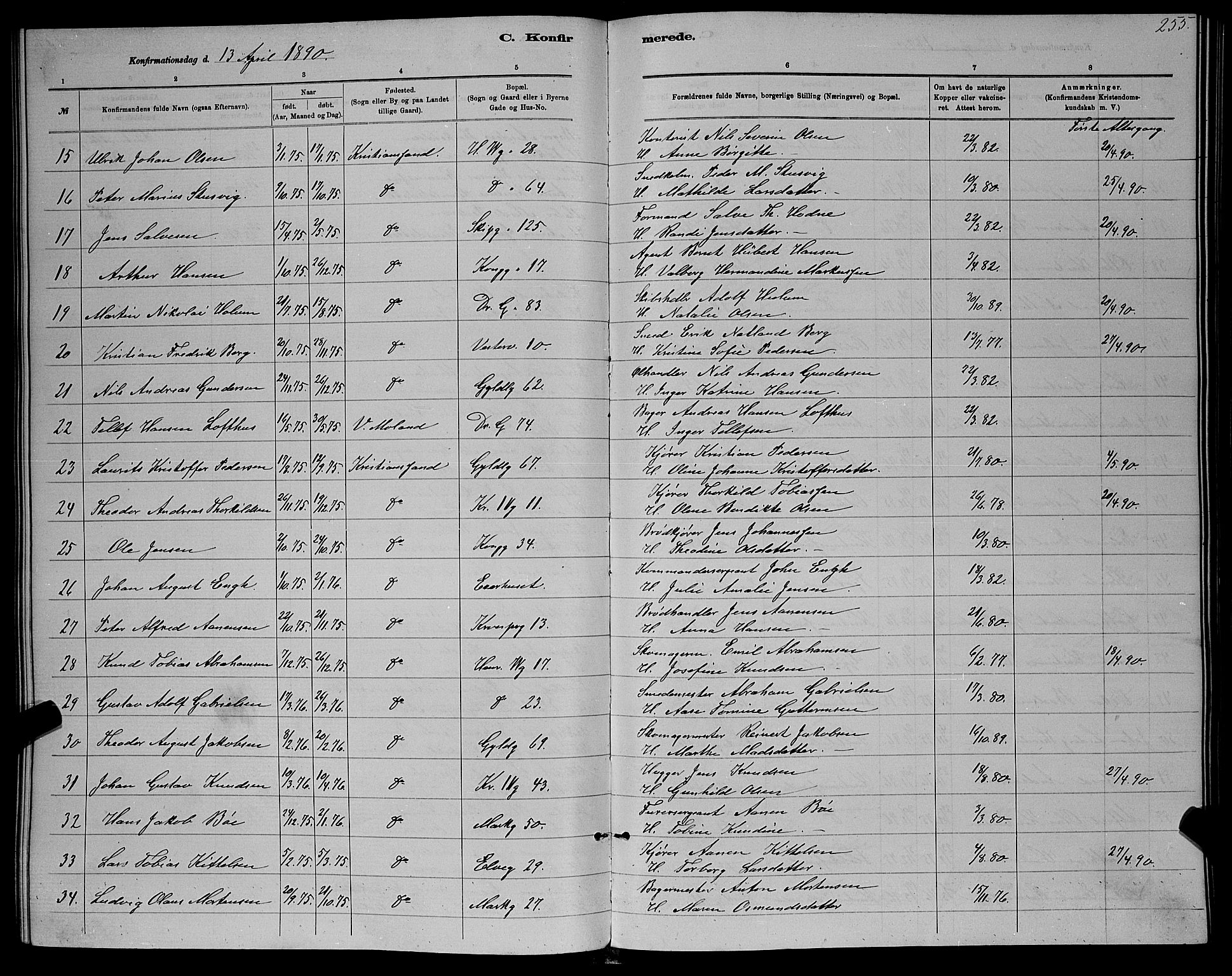 Kristiansand domprosti, AV/SAK-1112-0006/F/Fb/L0016: Parish register (copy) no. B 16, 1881-1893, p. 255