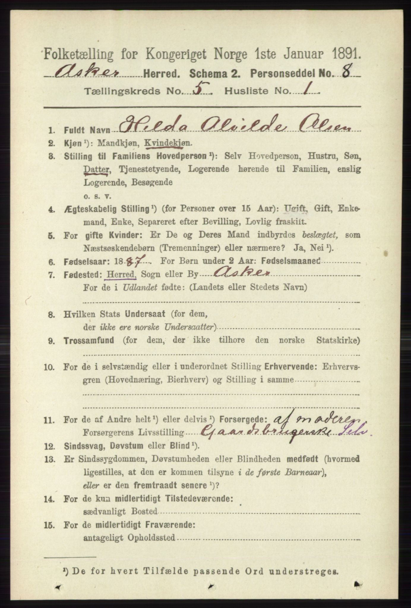 RA, 1891 census for 0220 Asker, 1891, p. 3676