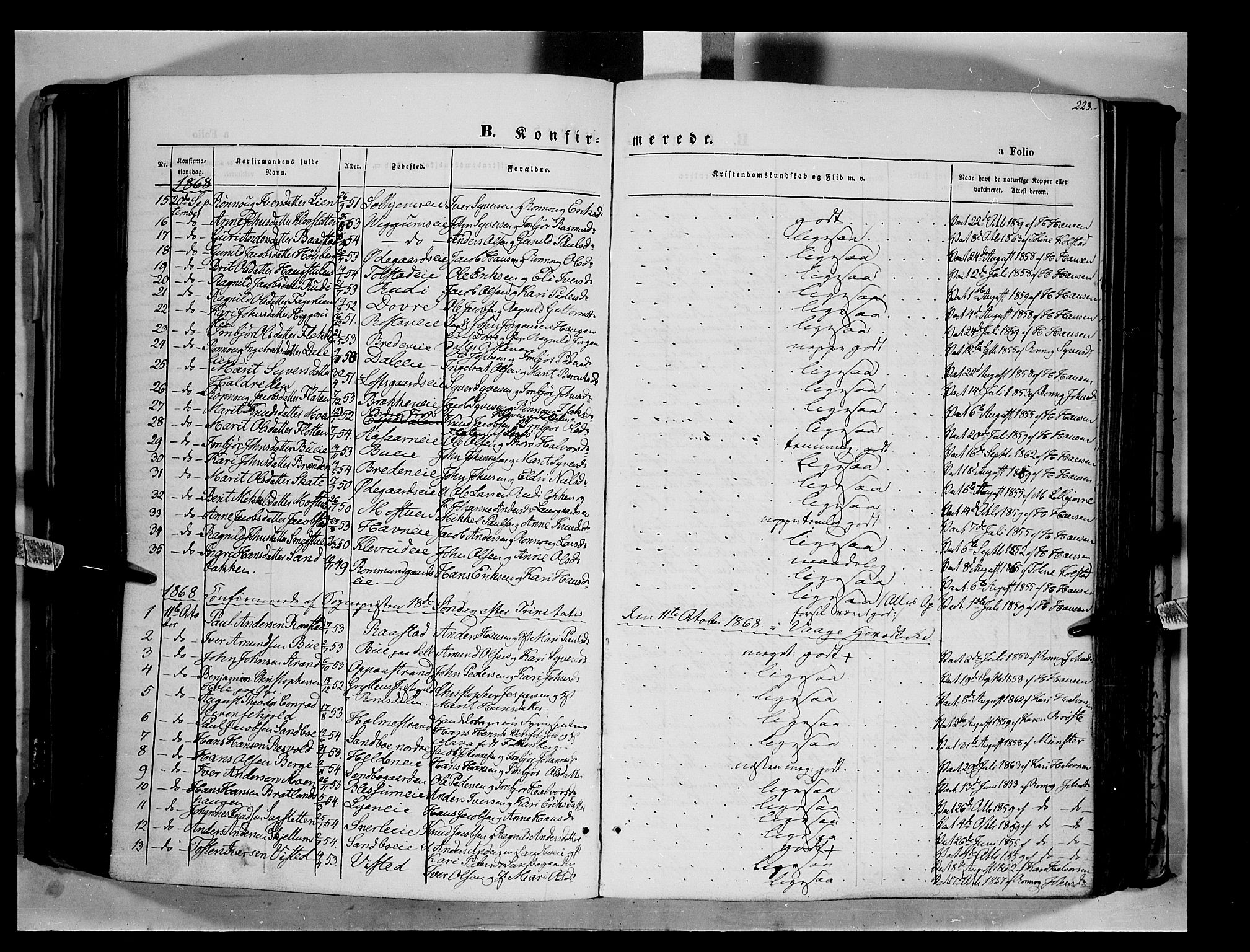 Vågå prestekontor, AV/SAH-PREST-076/H/Ha/Haa/L0006: Parish register (official) no. 6 /1, 1856-1872, p. 223