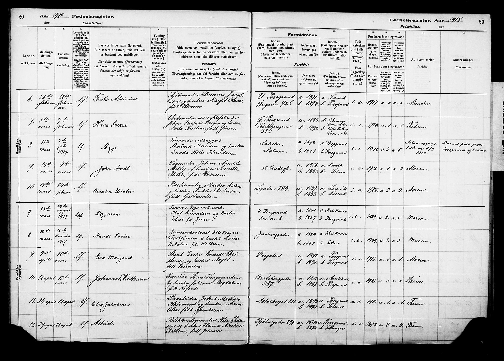 Porsgrunn kirkebøker , SAKO/A-104/J/Ja/L0001: Birth register no. 1, 1916-1929, p. 20