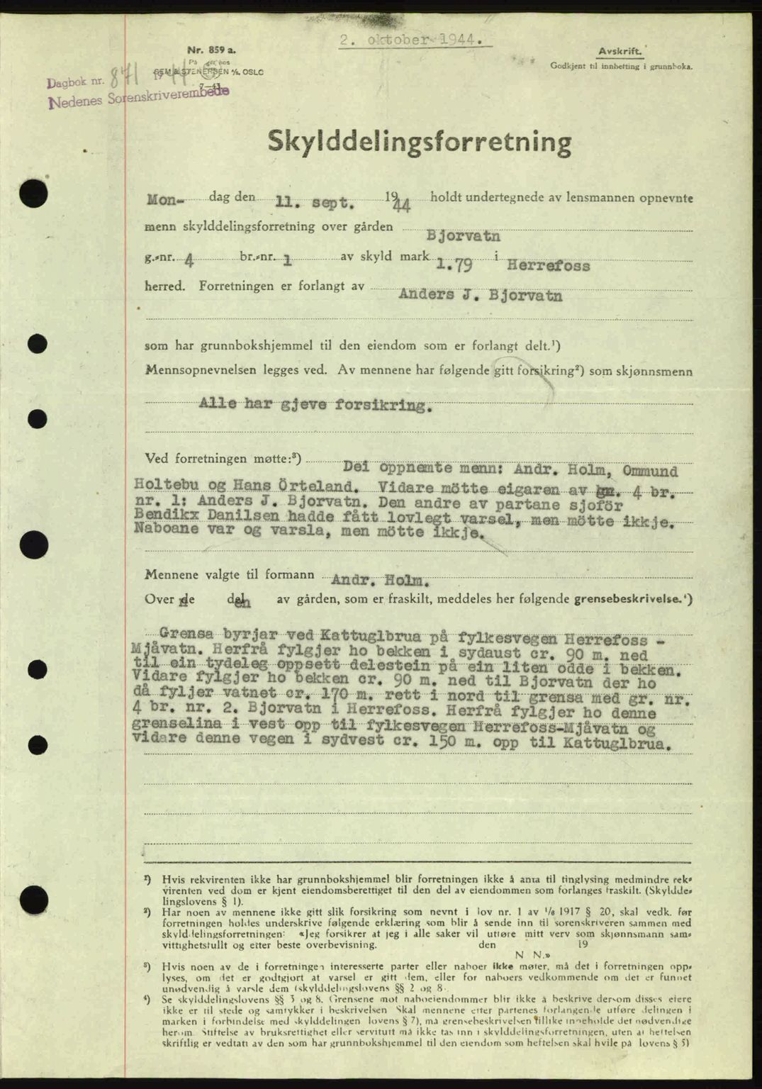 Nedenes sorenskriveri, AV/SAK-1221-0006/G/Gb/Gba/L0052: Mortgage book no. A6a, 1944-1945, Diary no: : 871/1944