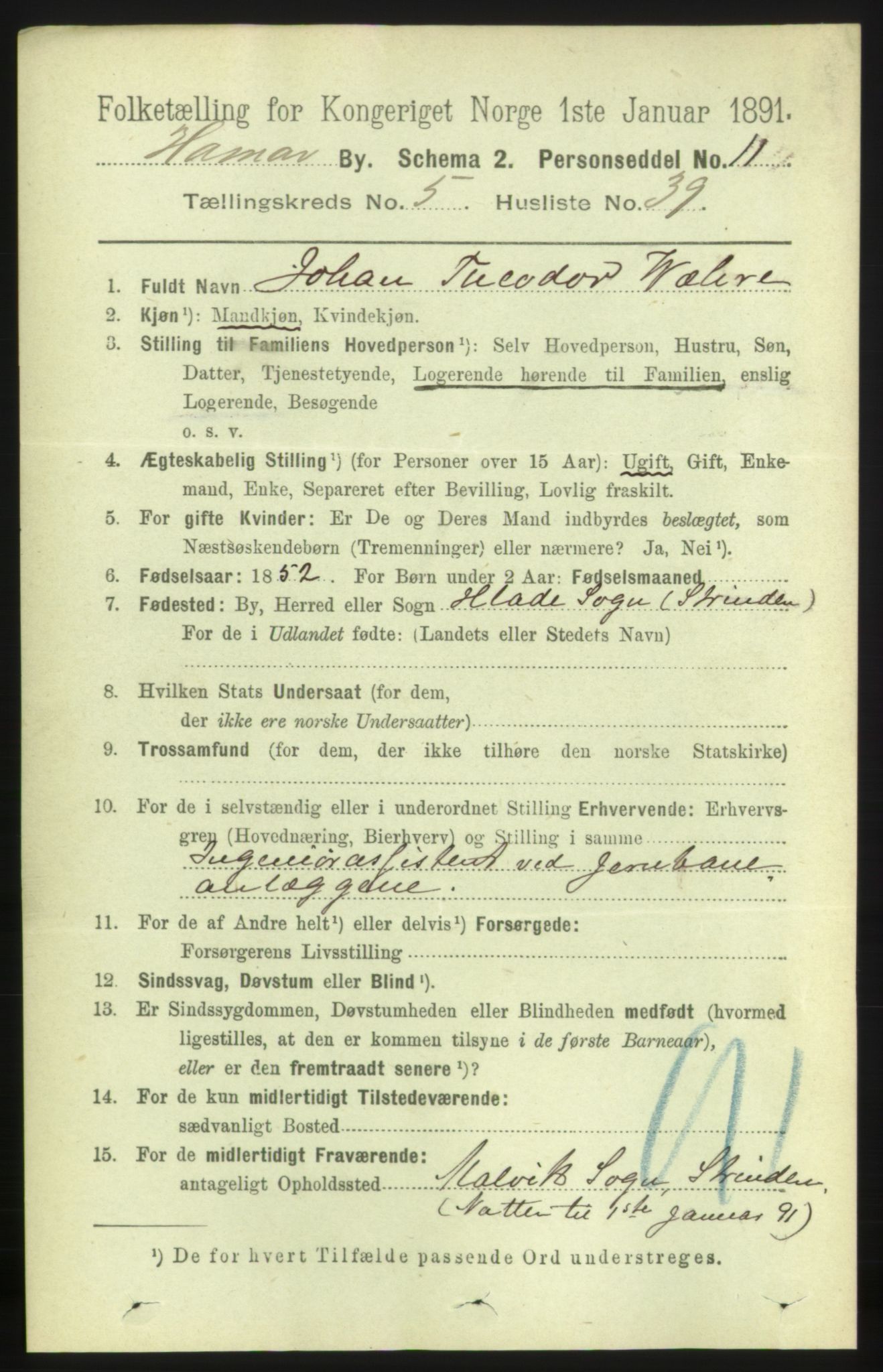 RA, 1891 census for 0401 Hamar, 1891, p. 4314