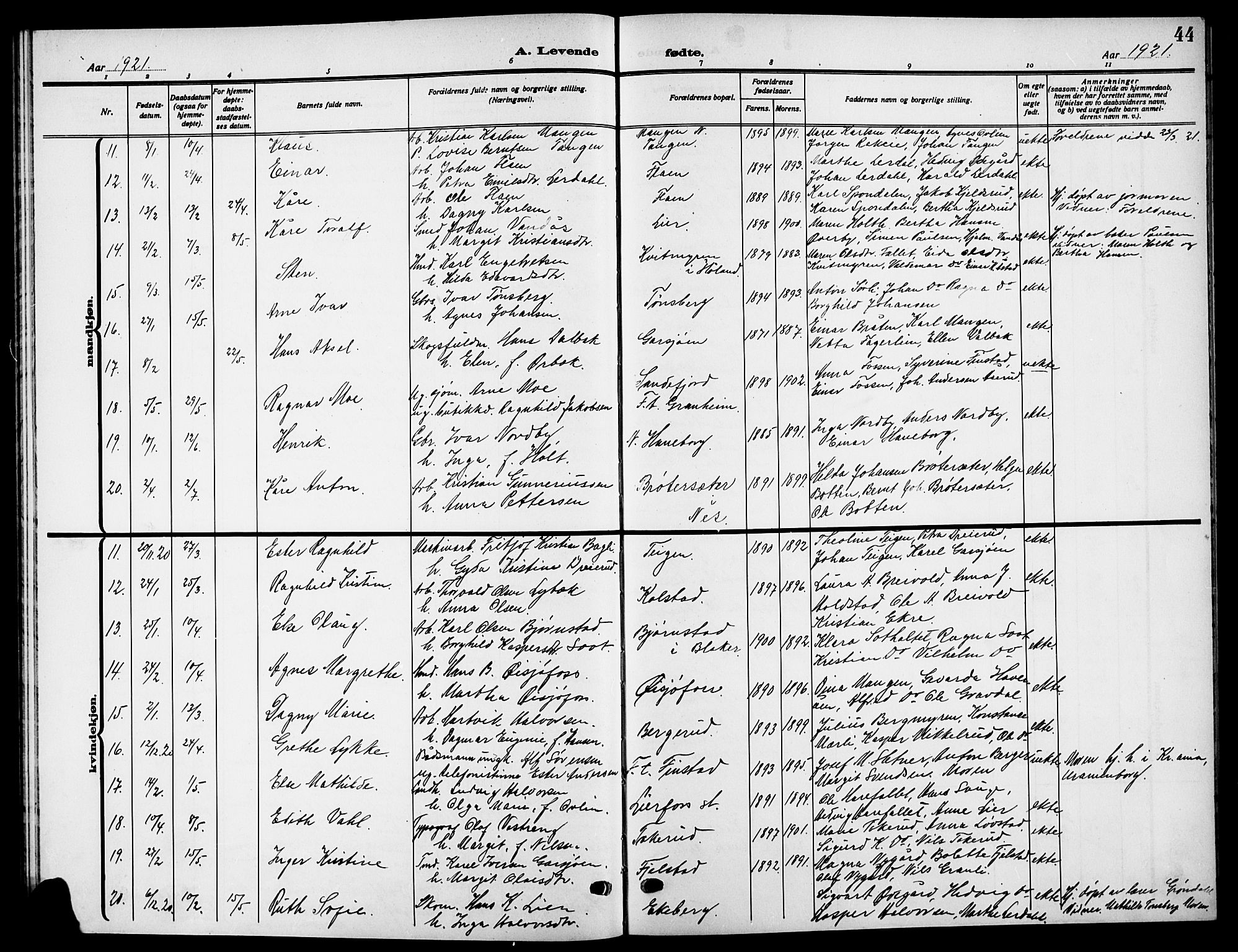 Aurskog prestekontor Kirkebøker, AV/SAO-A-10304a/G/Ga/L0005: Parish register (copy) no. I 5, 1913-1925, p. 44