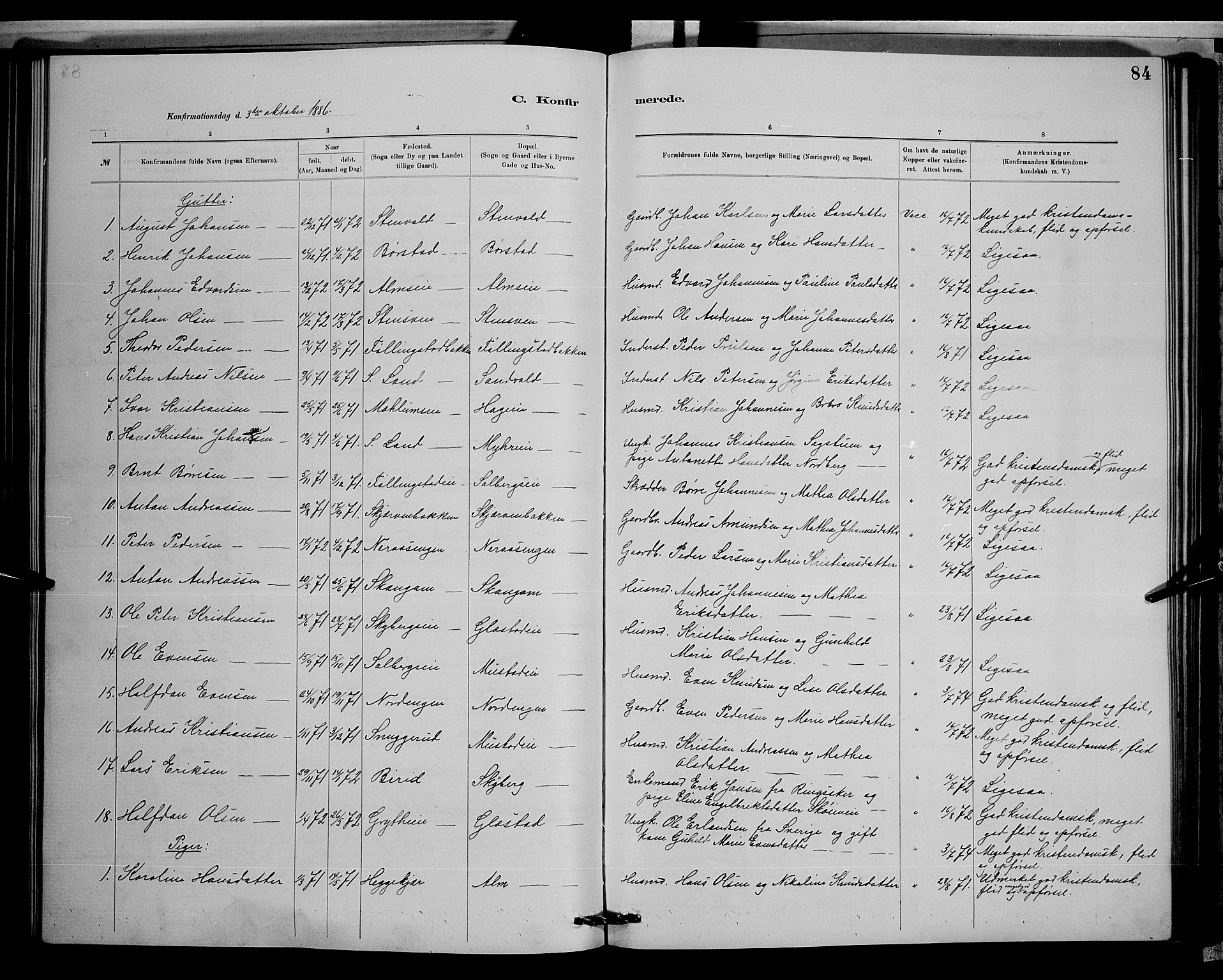 Vardal prestekontor, SAH/PREST-100/H/Ha/Hab/L0008: Parish register (copy) no. 8, 1881-1898, p. 84