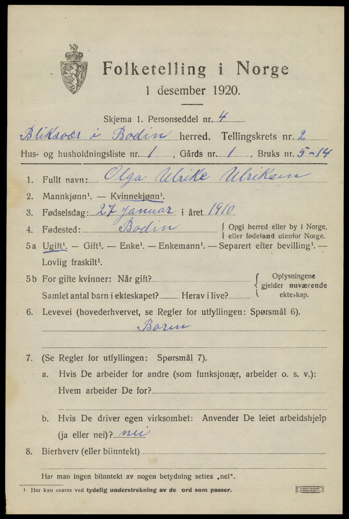 SAT, 1920 census for Bodin, 1920, p. 1952