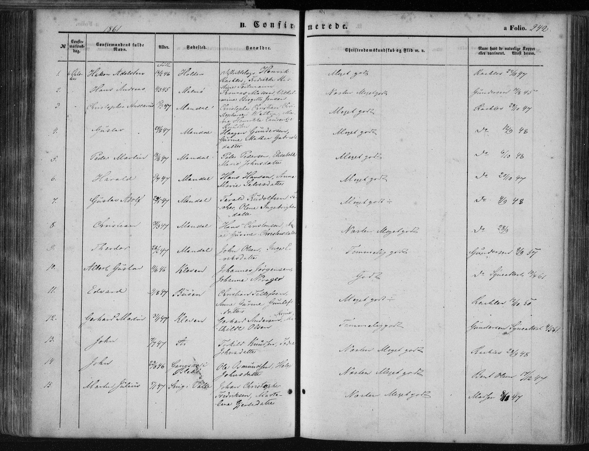 Mandal sokneprestkontor, AV/SAK-1111-0030/F/Fa/Faa/L0014: Parish register (official) no. A 14, 1859-1872, p. 242