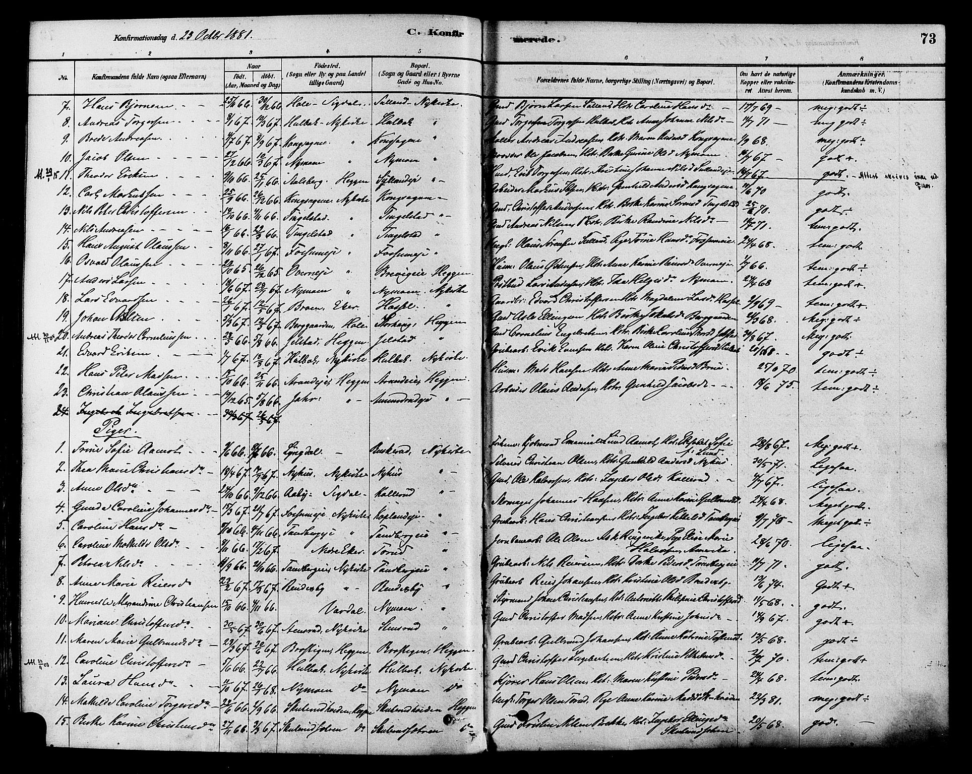 Modum kirkebøker, AV/SAKO-A-234/F/Fa/L0015: Parish register (official) no. 15 /1, 1877-1889, p. 73