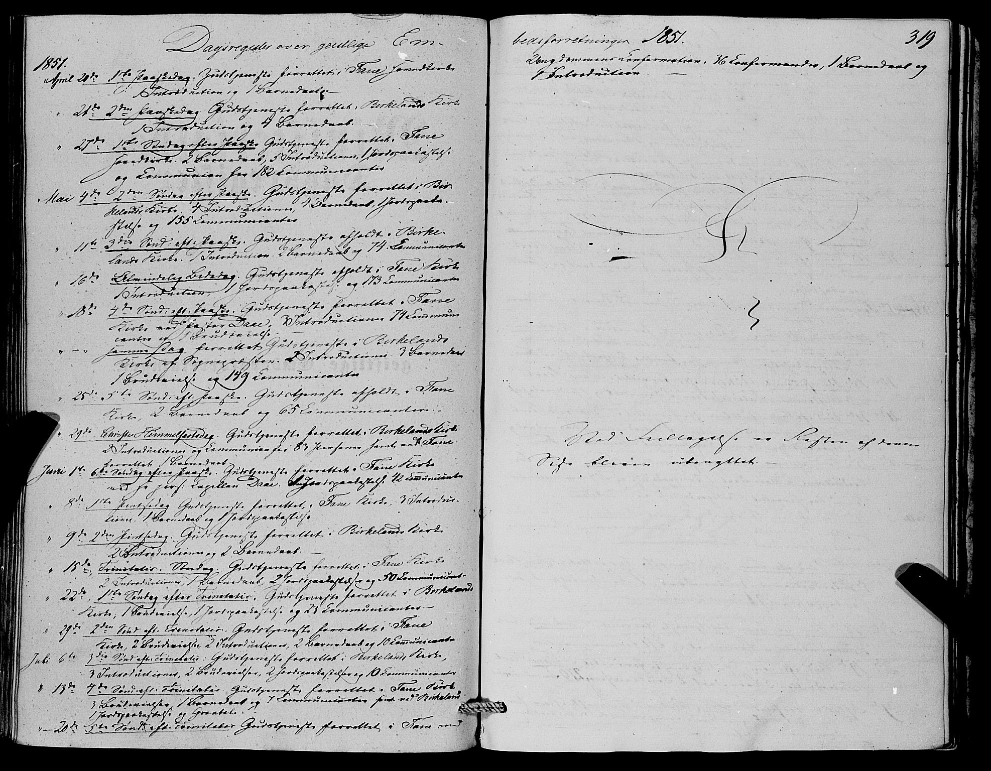 Fana Sokneprestembete, SAB/A-75101/H/Haa/Haaa/L0011: Parish register (official) no. A 11, 1851-1862, p. 319