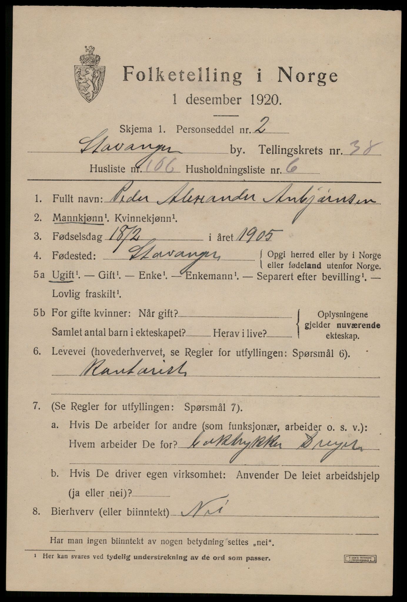 SAST, 1920 census for Stavanger, 1920, p. 101034