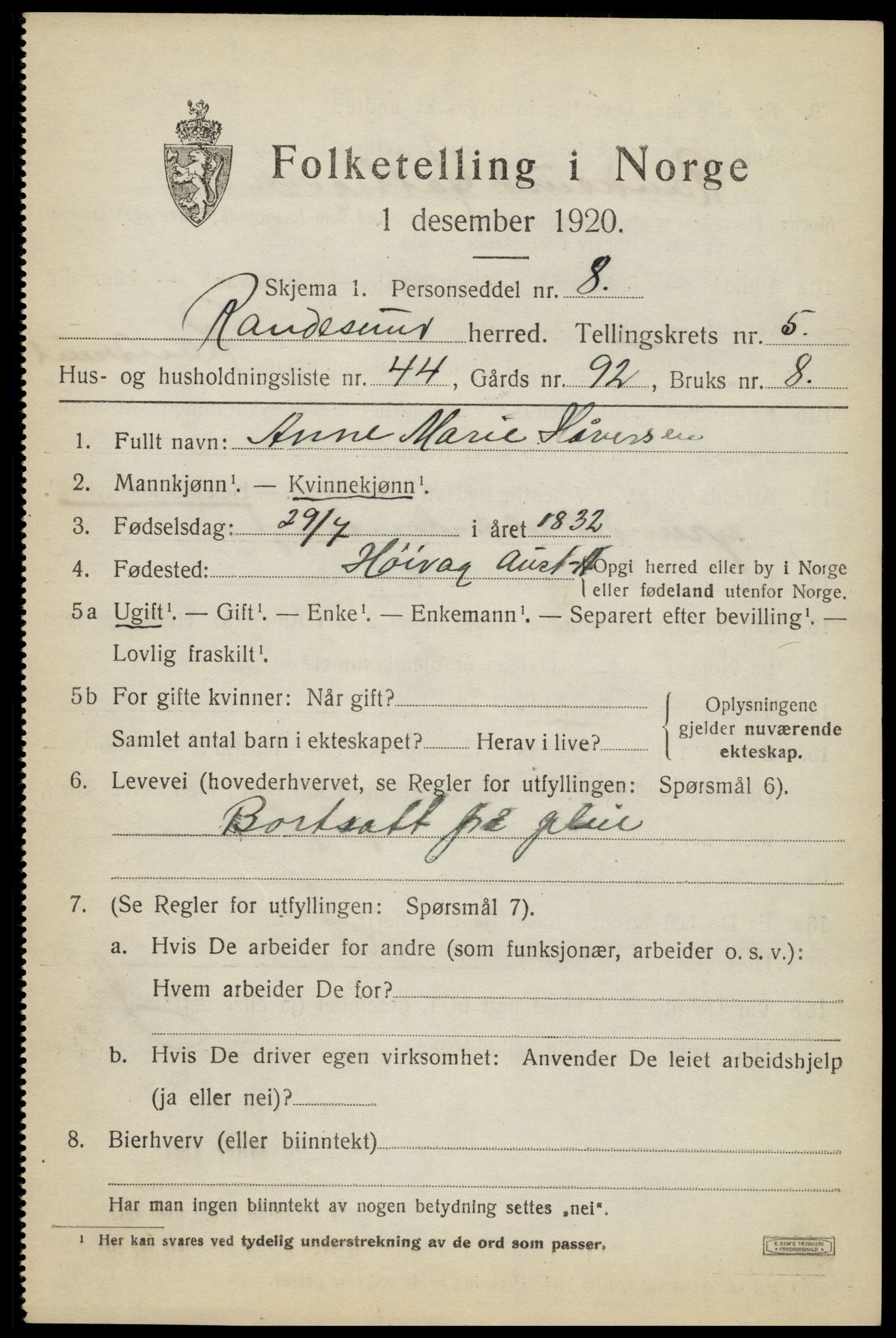 SAK, 1920 census for Randesund, 1920, p. 2734