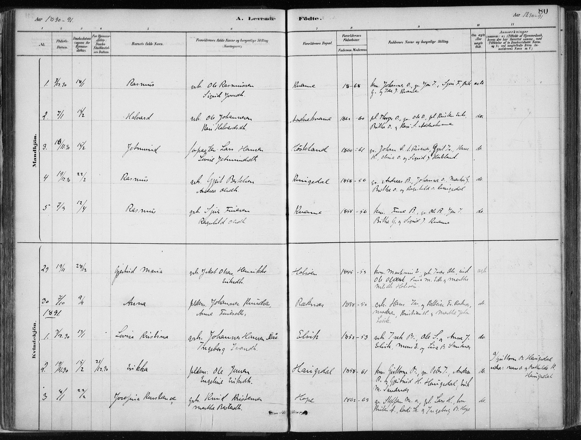 Masfjorden Sokneprestembete, SAB/A-77001: Parish register (official) no. B  1, 1876-1899, p. 80