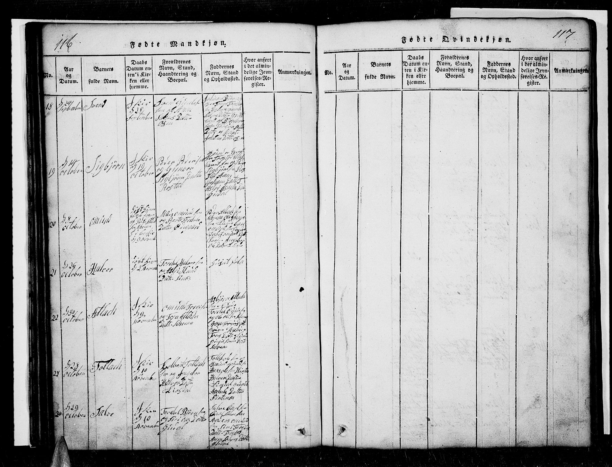 Sirdal sokneprestkontor, SAK/1111-0036/F/Fb/Fbb/L0001: Parish register (copy) no. B 1, 1815-1834, p. 116-117