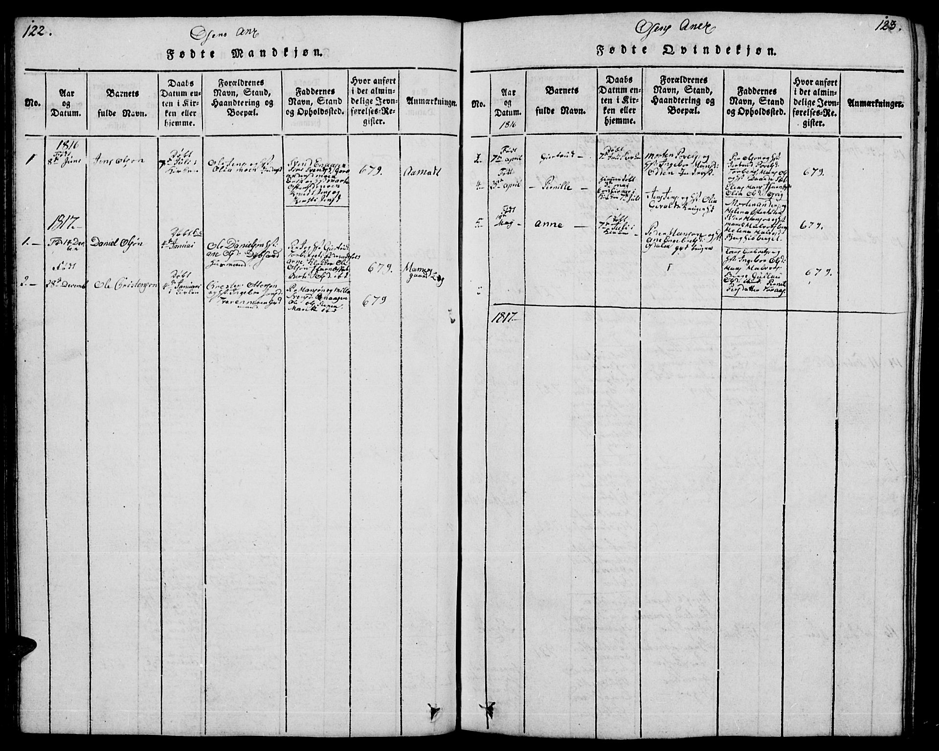 Trysil prestekontor, AV/SAH-PREST-046/H/Ha/Hab/L0004: Parish register (copy) no. 4, 1814-1841, p. 122-123