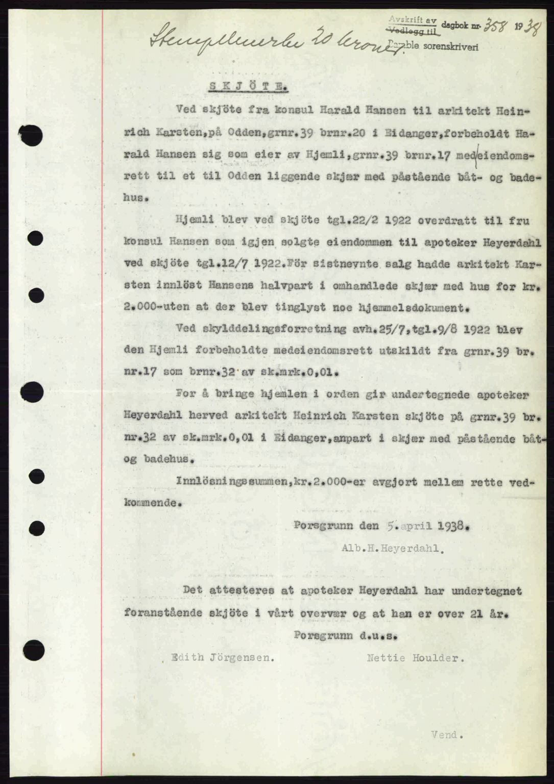 Bamble sorenskriveri, AV/SAKO-A-214/G/Ga/Gag/L0002: Mortgage book no. A-2, 1937-1938, Diary no: : 358/1938