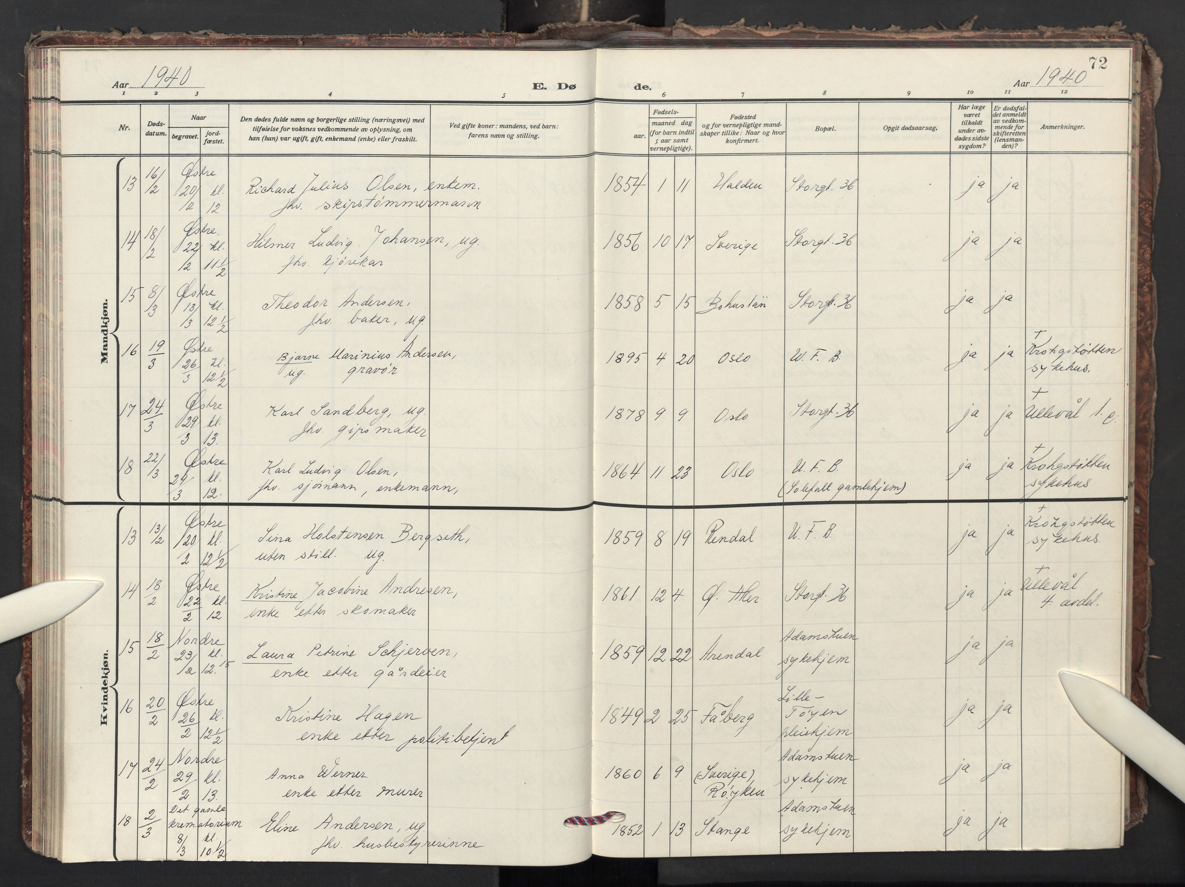 Krohgstøtten sykehusprest Kirkebøker, AV/SAO-A-10854/F/Fa/L0006: Parish register (official) no. 6, 1935-1951, p. 72