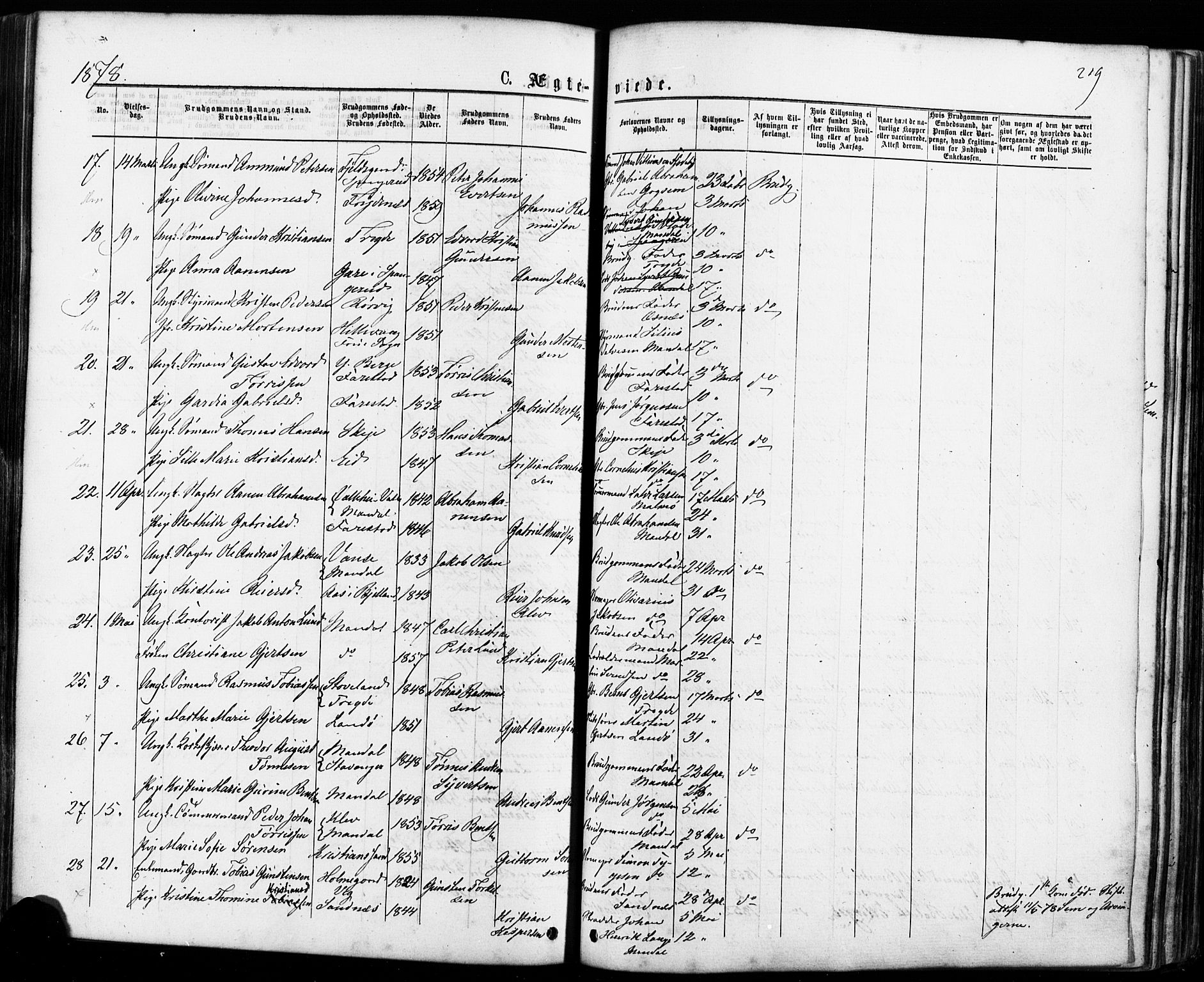 Mandal sokneprestkontor, AV/SAK-1111-0030/F/Fa/Faa/L0015: Parish register (official) no. A 15, 1873-1879, p. 219