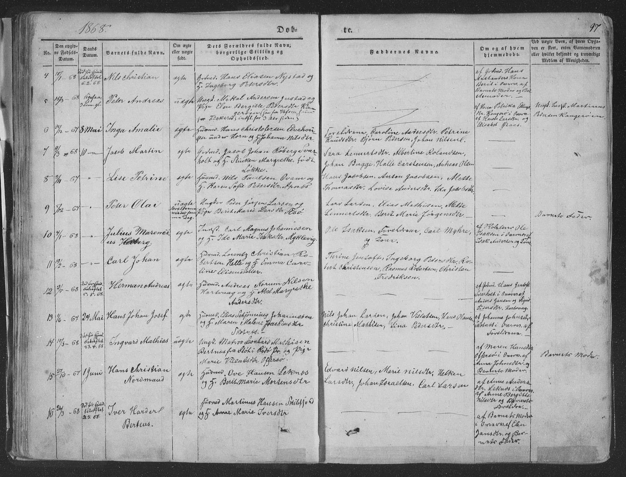 Ministerialprotokoller, klokkerbøker og fødselsregistre - Nordland, AV/SAT-A-1459/881/L1165: Parish register (copy) no. 881C02, 1854-1876, p. 97