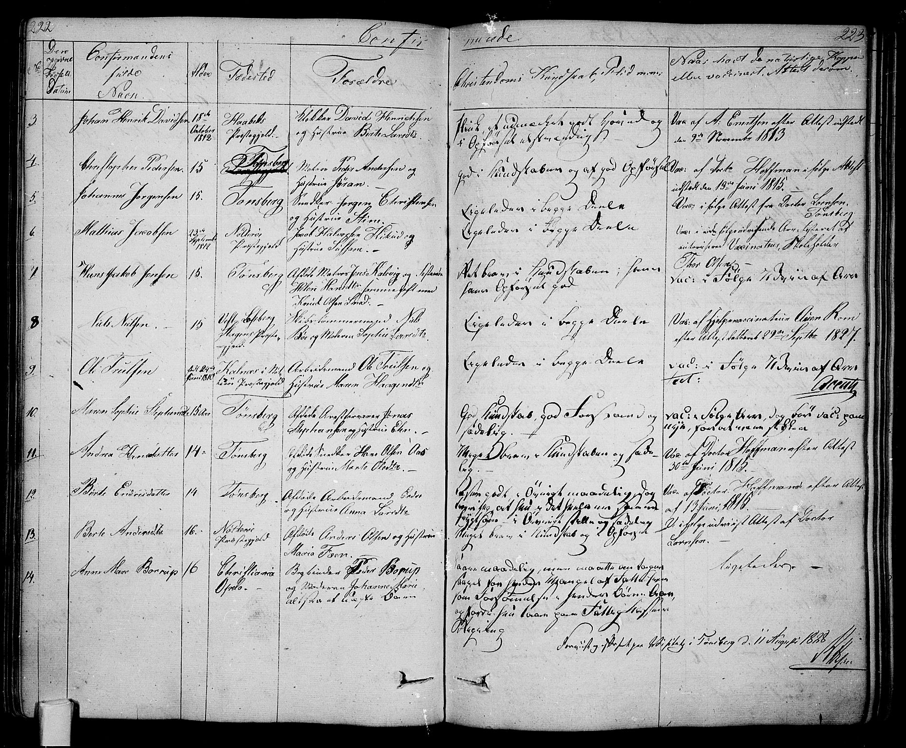 Tønsberg kirkebøker, AV/SAKO-A-330/F/Fa/L0005: Parish register (official) no. I 5, 1827-1836, p. 222-223