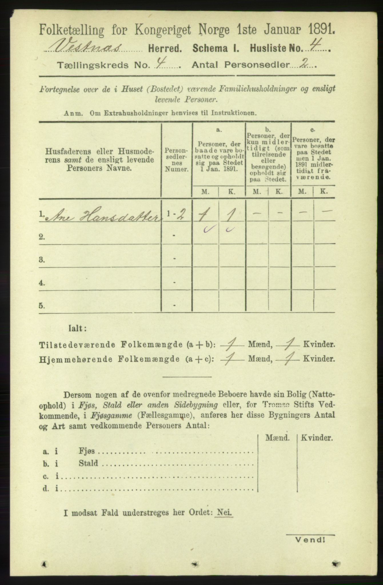 RA, 1891 census for 1535 Vestnes, 1891, p. 1219