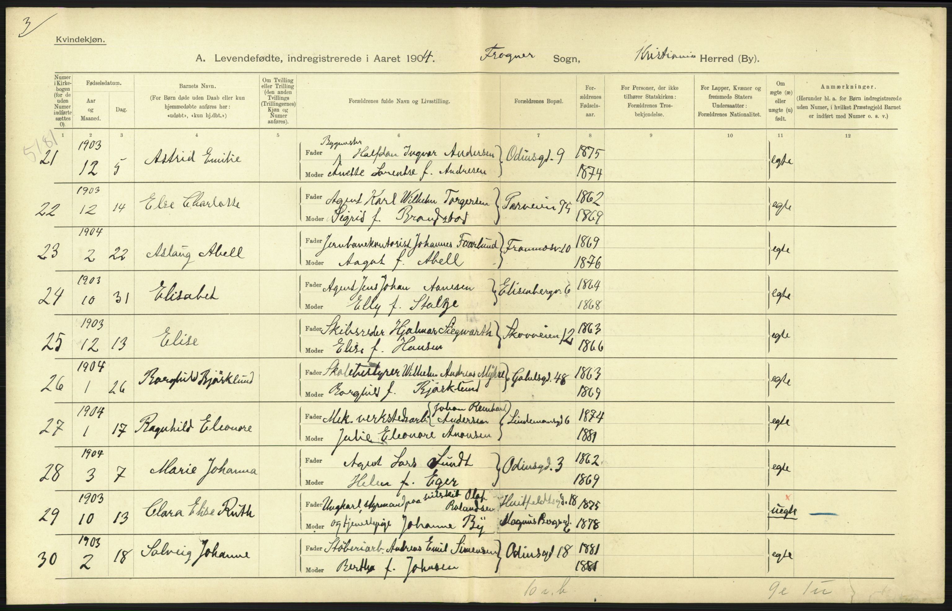 Statistisk sentralbyrå, Sosiodemografiske emner, Befolkning, AV/RA-S-2228/D/Df/Dfa/Dfab/L0003: Kristiania: Fødte, 1904, p. 51