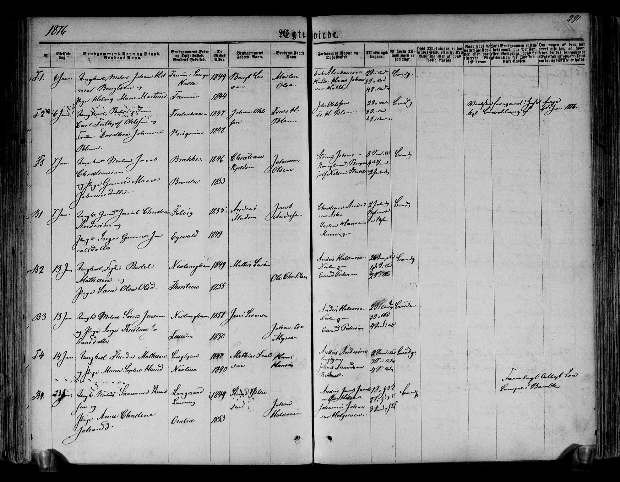 Brunlanes kirkebøker, AV/SAKO-A-342/F/Fa/L0005: Parish register (official) no. I 5, 1862-1877, p. 291