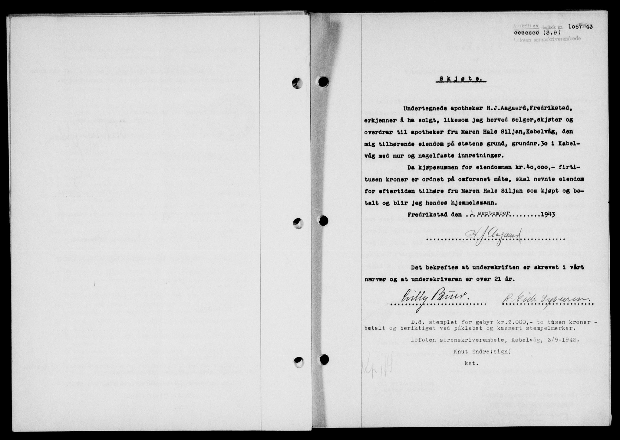 Lofoten sorenskriveri, SAT/A-0017/1/2/2C/L0011a: Mortgage book no. 11a, 1943-1943, Diary no: : 1067/1943