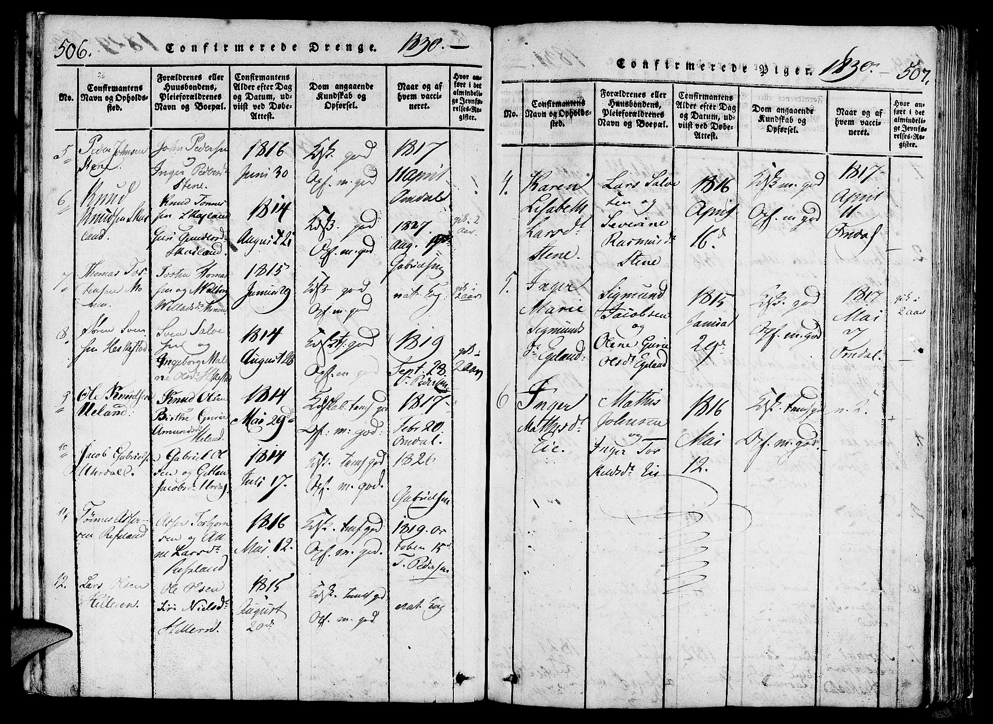 Lund sokneprestkontor, SAST/A-101809/S06/L0006: Parish register (official) no. A 6, 1816-1839, p. 506-507