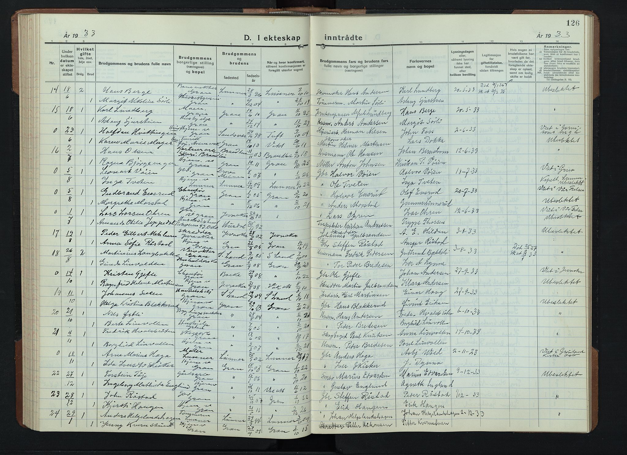Gran prestekontor, AV/SAH-PREST-112/H/Ha/Hab/L0009: Parish register (copy) no. 9, 1933-1950, p. 126