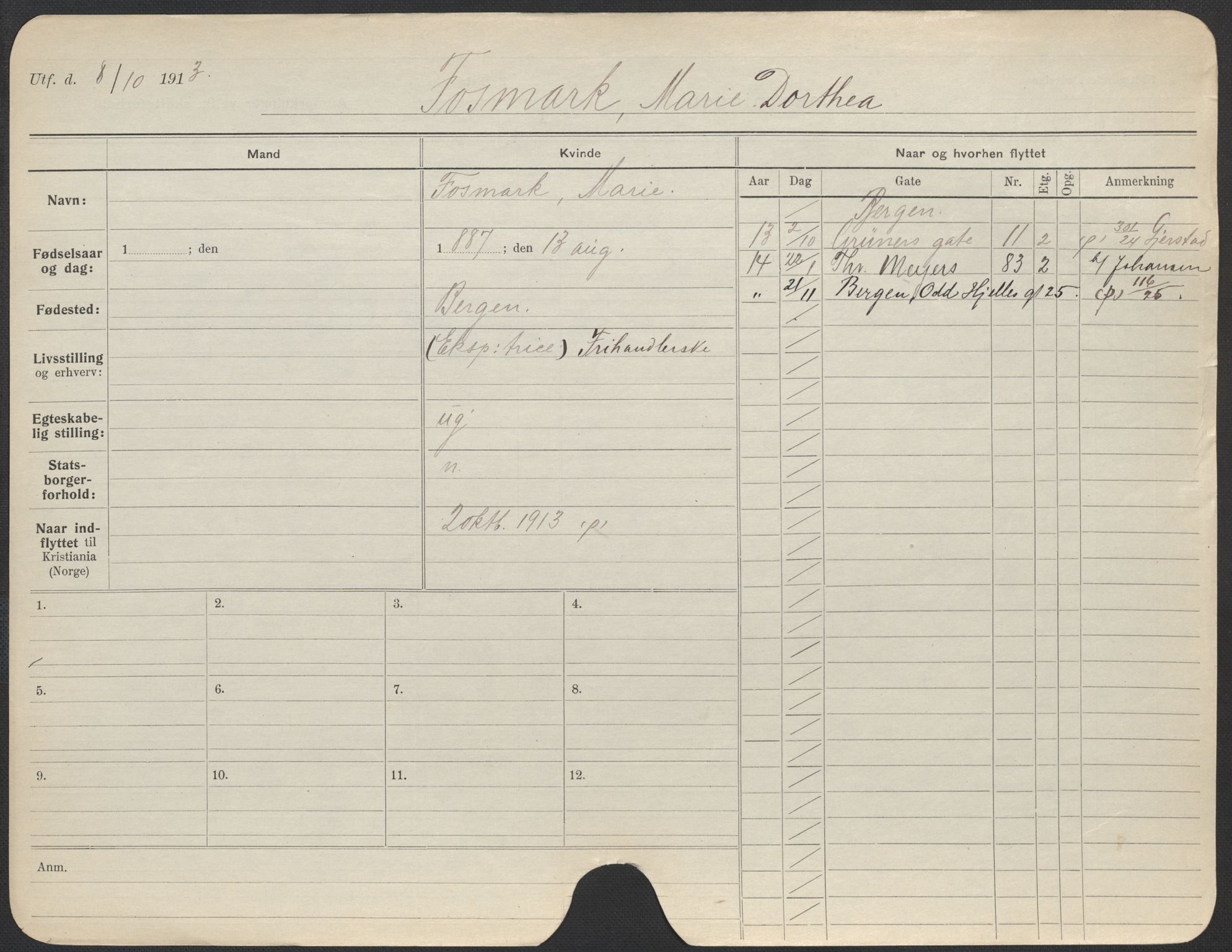 Oslo folkeregister, Registerkort, SAO/A-11715/F/Fa/Fac/L0014: Kvinner, 1906-1914, p. 953a