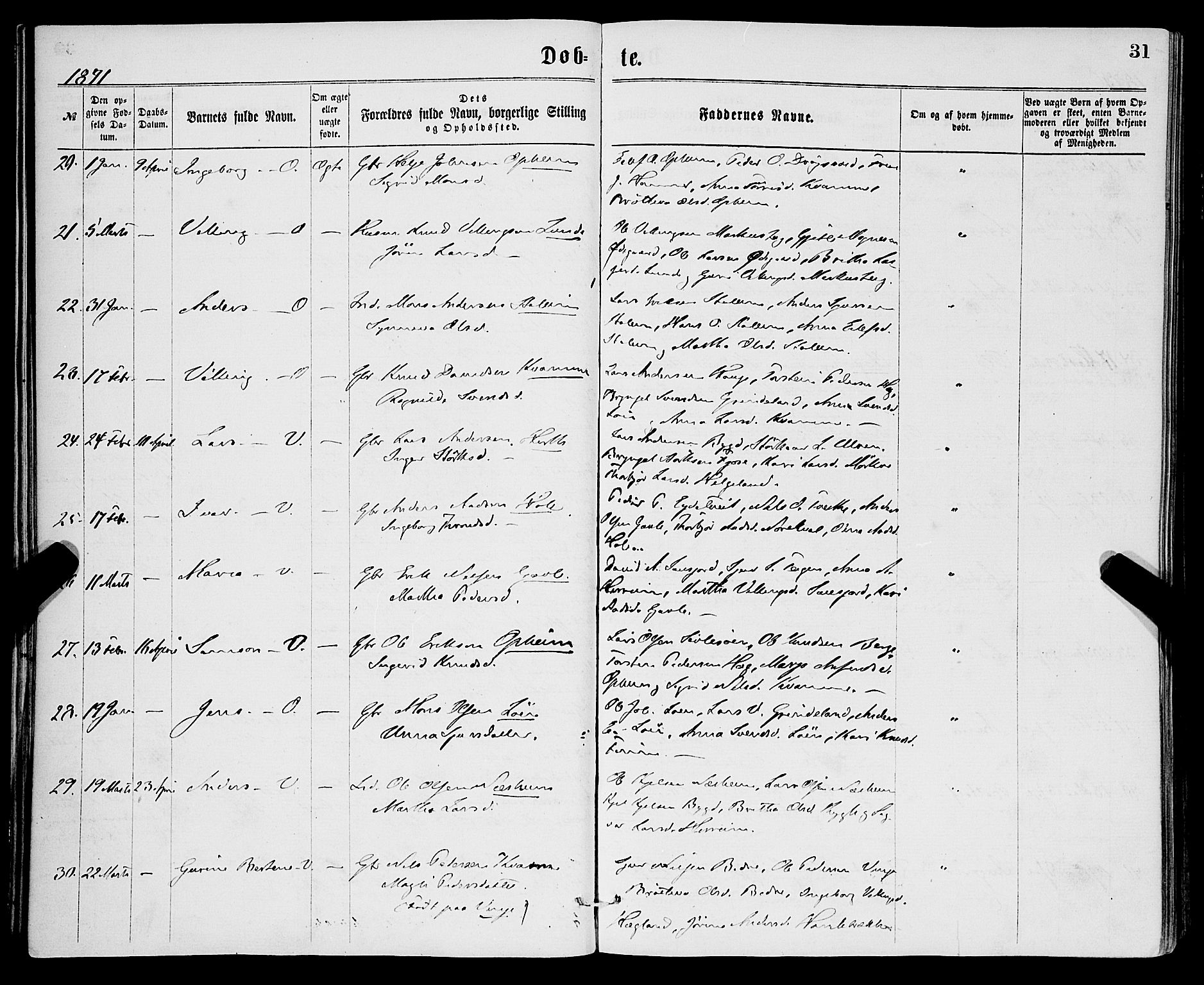 Vossestrand Sokneprestembete, SAB/A-79101/H/Haa: Parish register (official) no. A 1, 1866-1877, p. 31