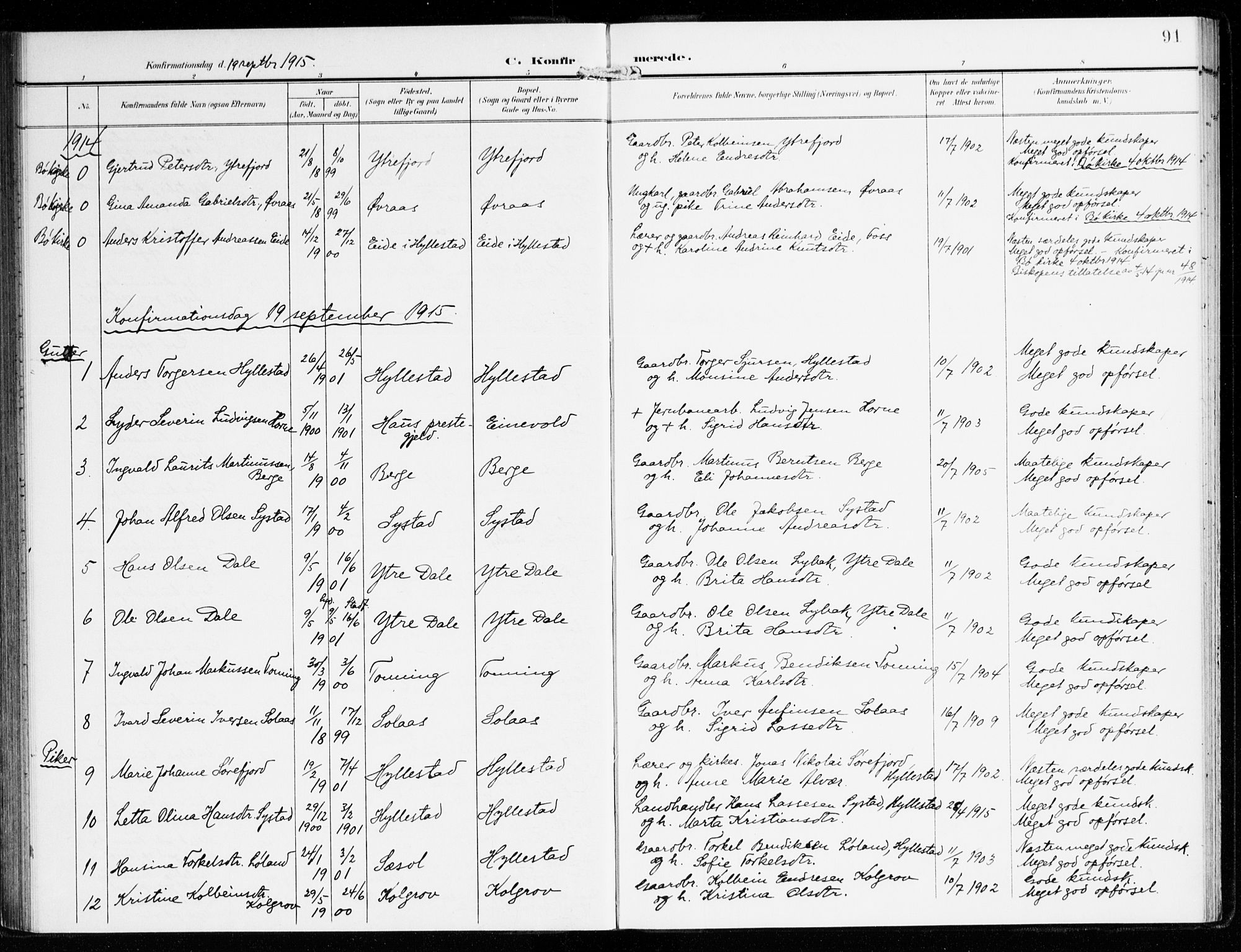 Hyllestad sokneprestembete, SAB/A-80401: Parish register (official) no. B 2, 1903-1917, p. 91