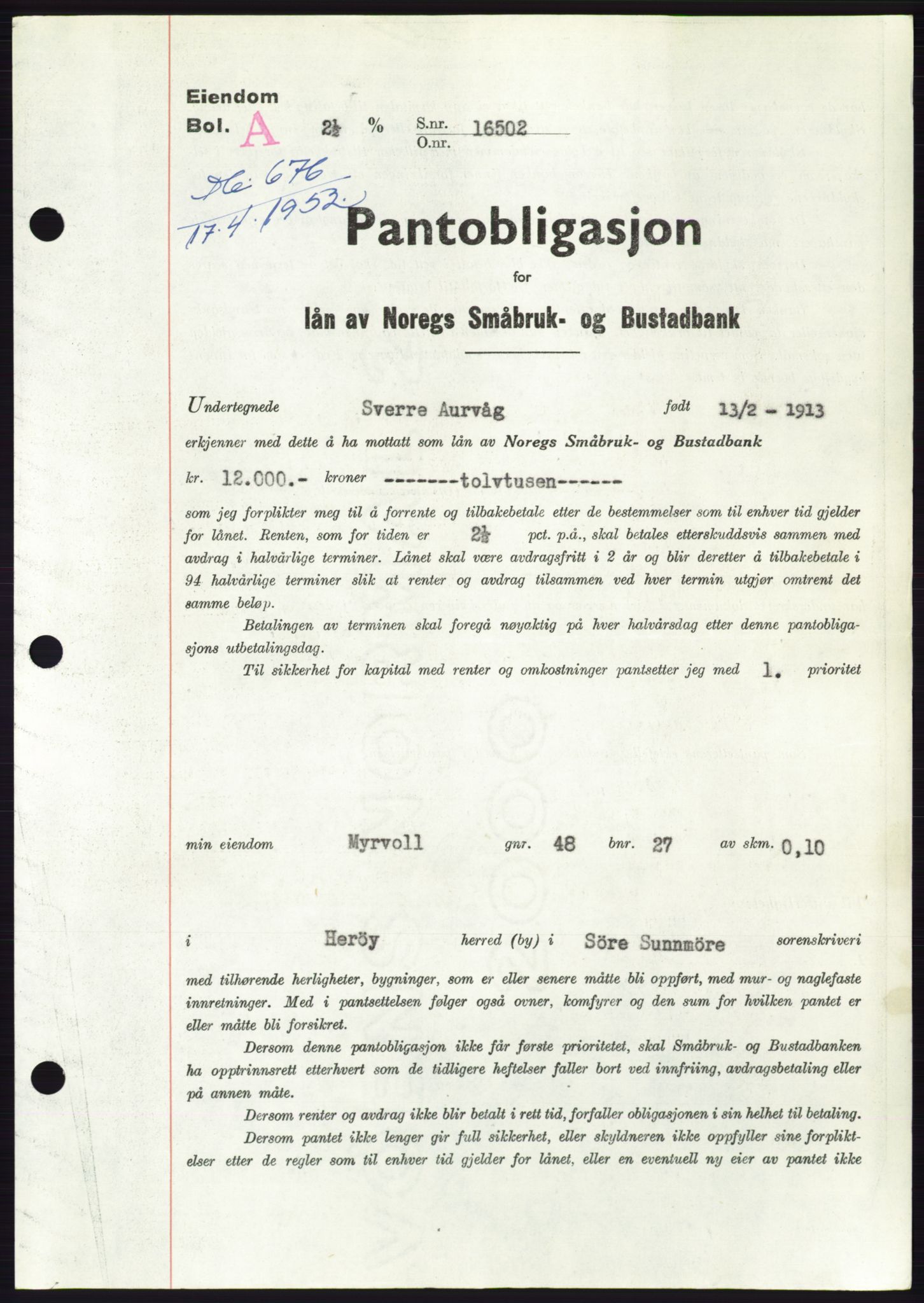 Søre Sunnmøre sorenskriveri, AV/SAT-A-4122/1/2/2C/L0121: Mortgage book no. 9B, 1951-1952, Diary no: : 676/1952