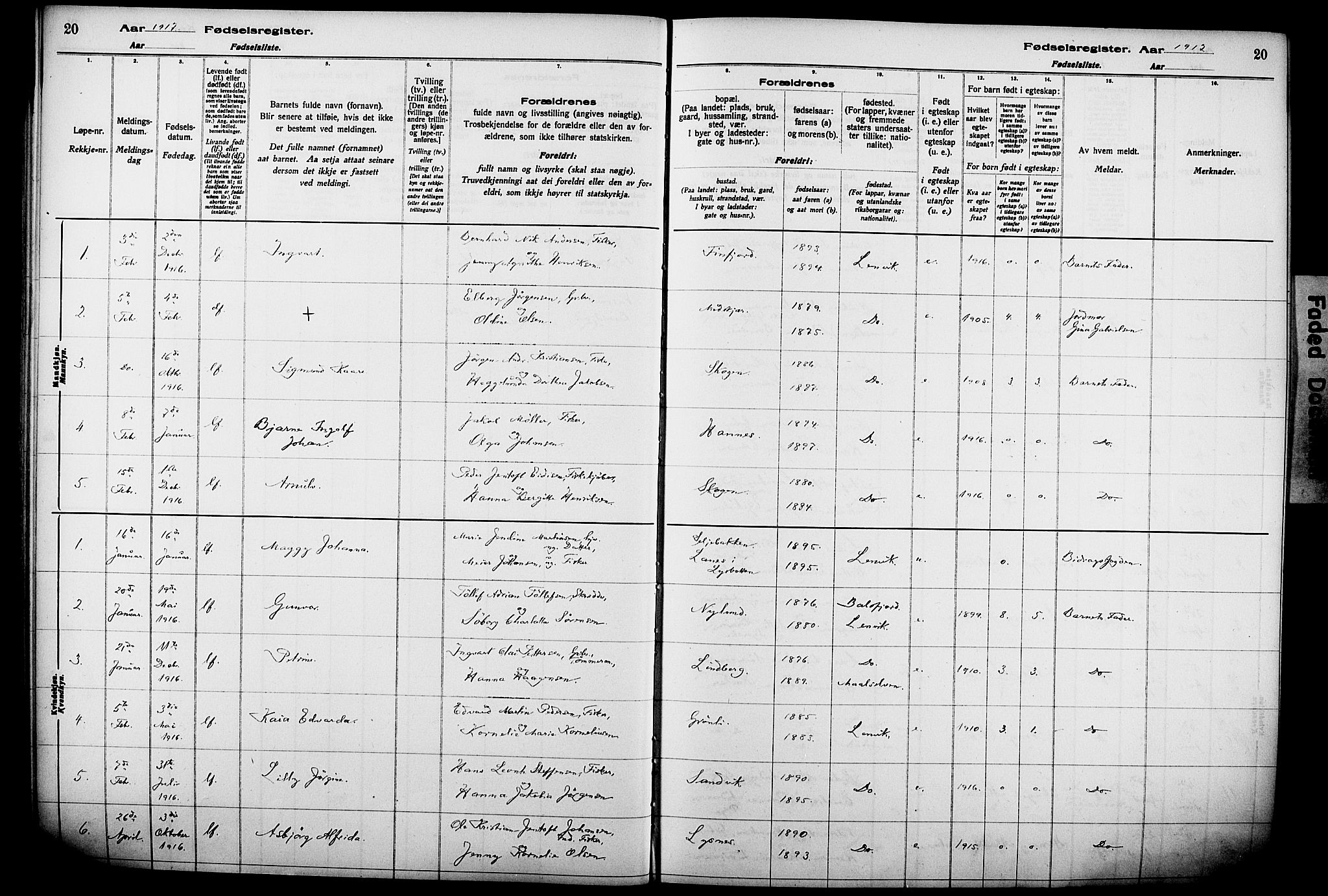 Lenvik sokneprestembete, SATØ/S-1310/I/Ic/L0089: Birth register no. 89, 1916-1926, p. 20