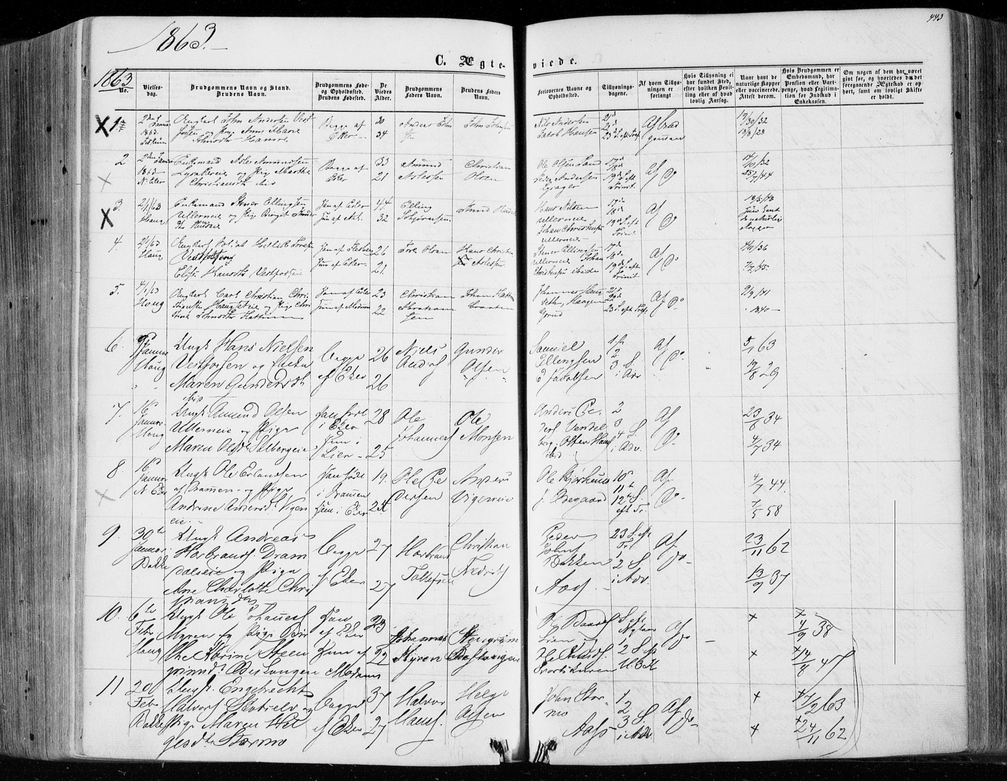 Eiker kirkebøker, SAKO/A-4/F/Fa/L0016: Parish register (official) no. I 16, 1860-1868, p. 443